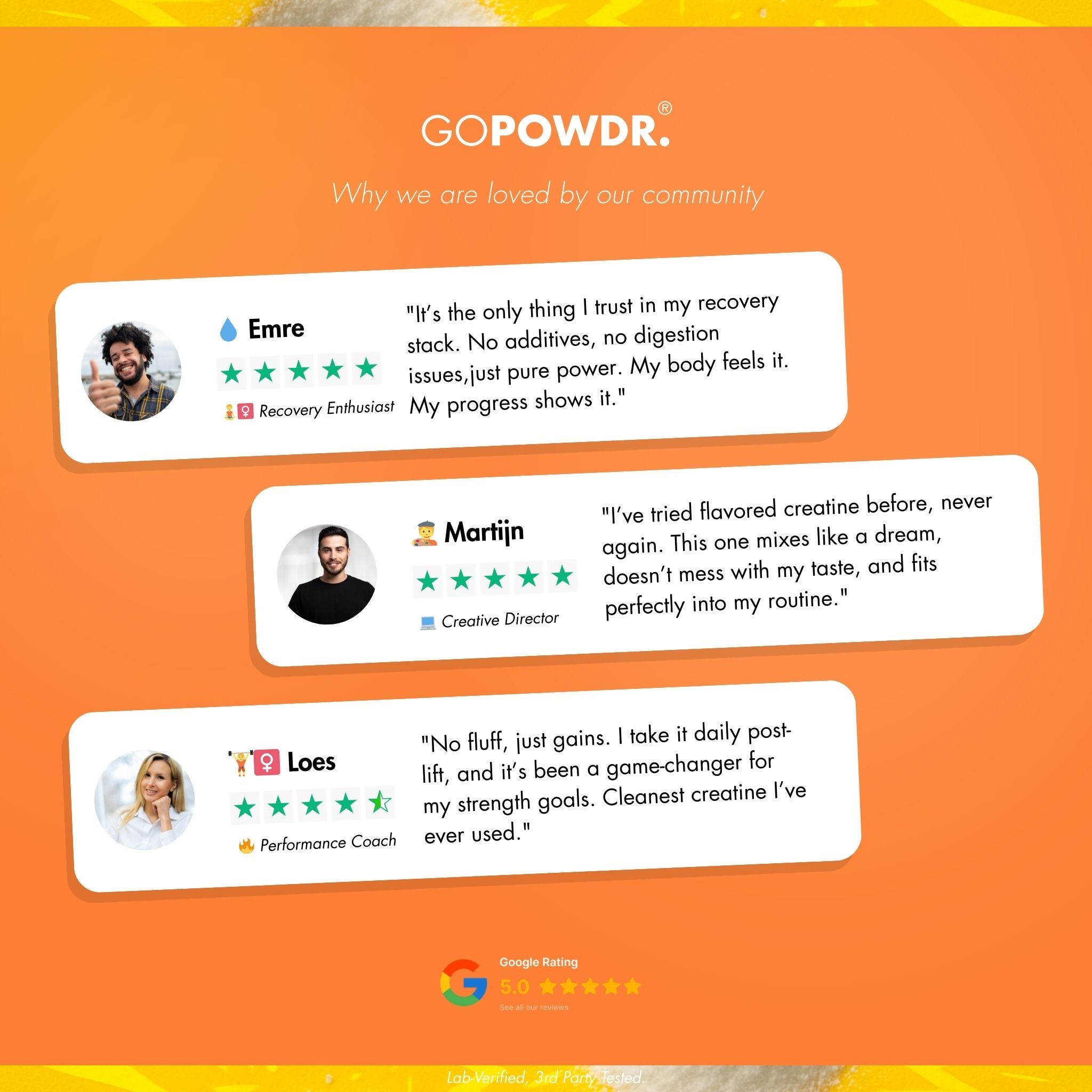 GOPOWDR product review section with customer testimonials on an orange background