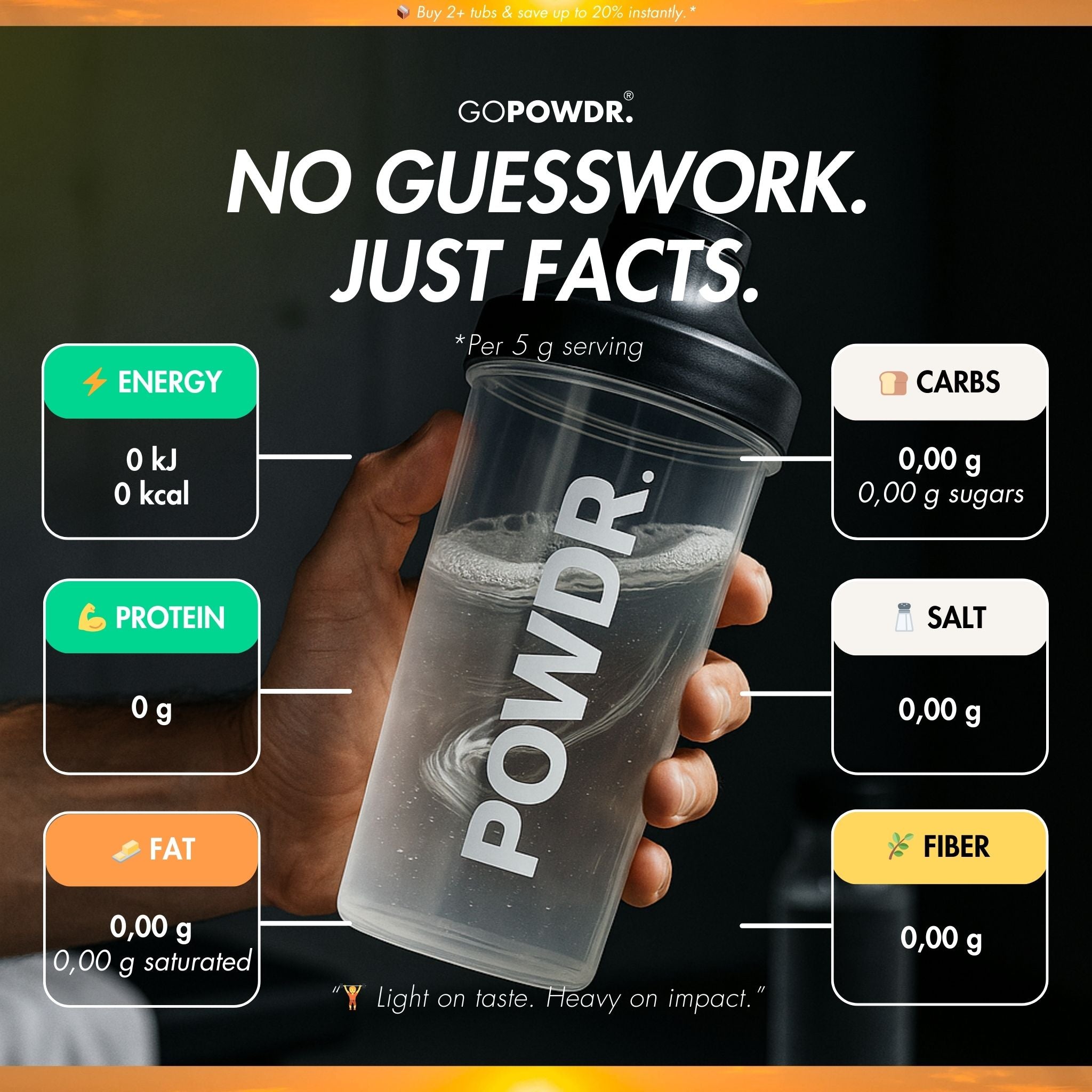 POWDR protein shaker with nutritional information displayed on a black background