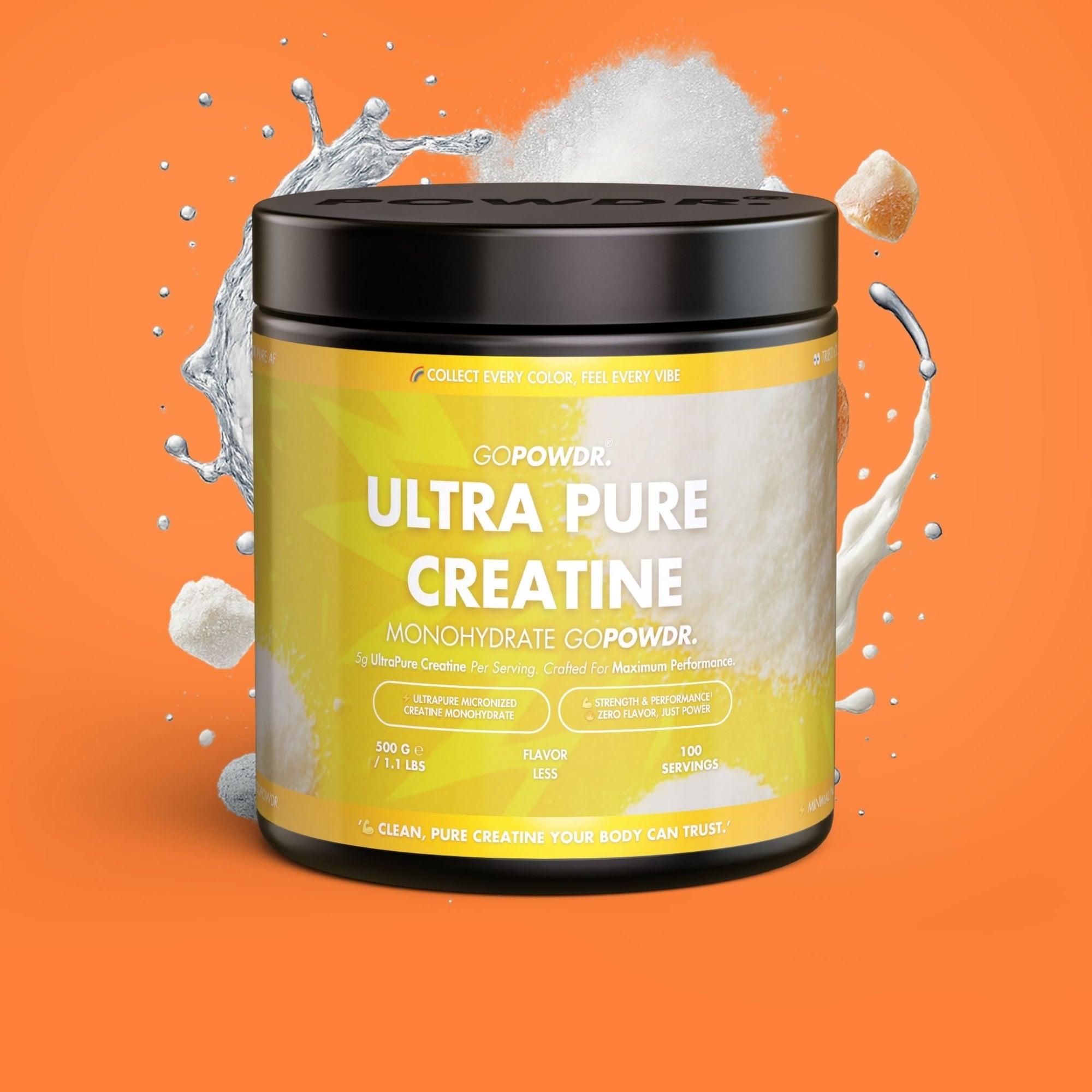 GOPOWDR Ultra Pure Creatine container on an orange background