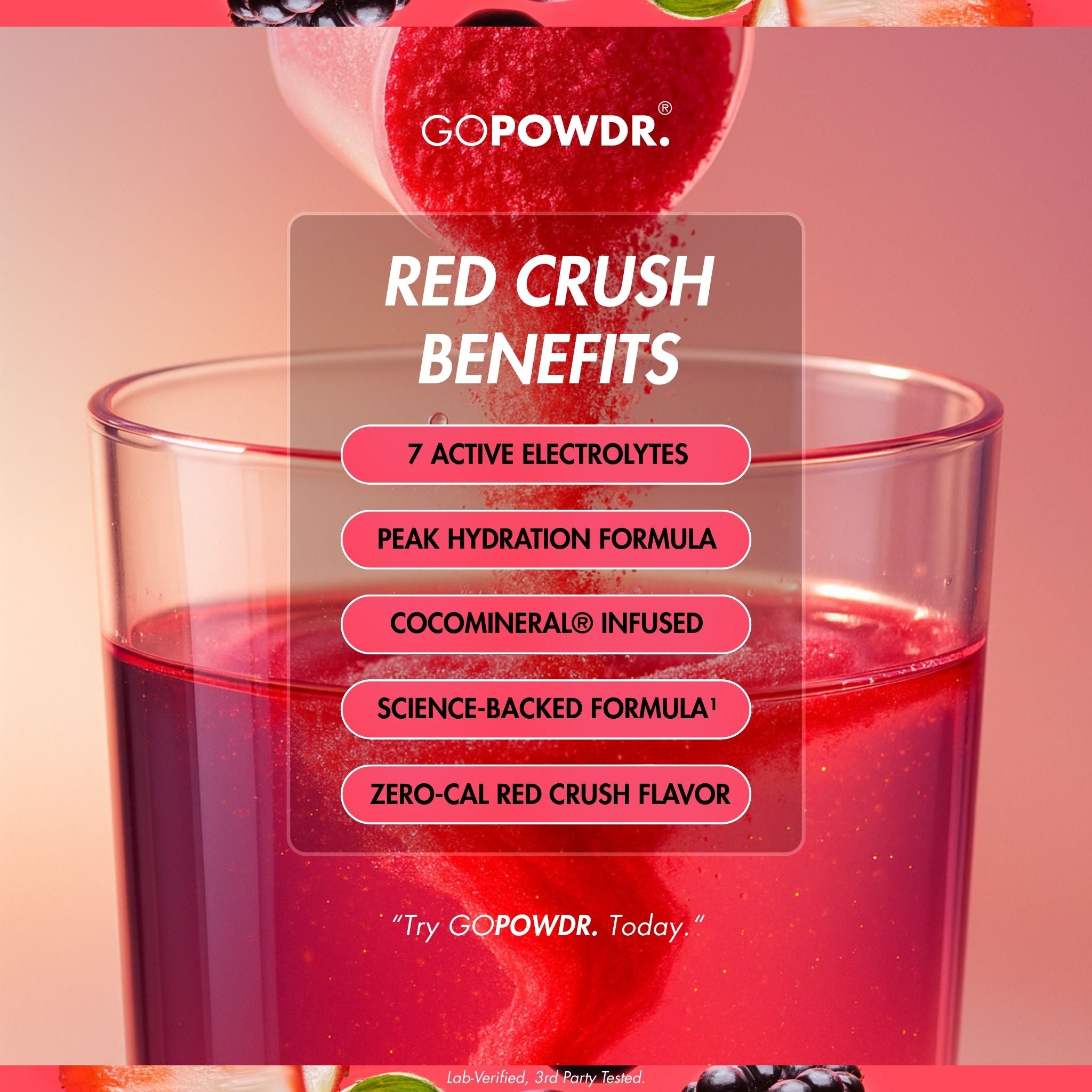 Red crush drink being poured into a glass with GOPOWDR branding and benefits listed.