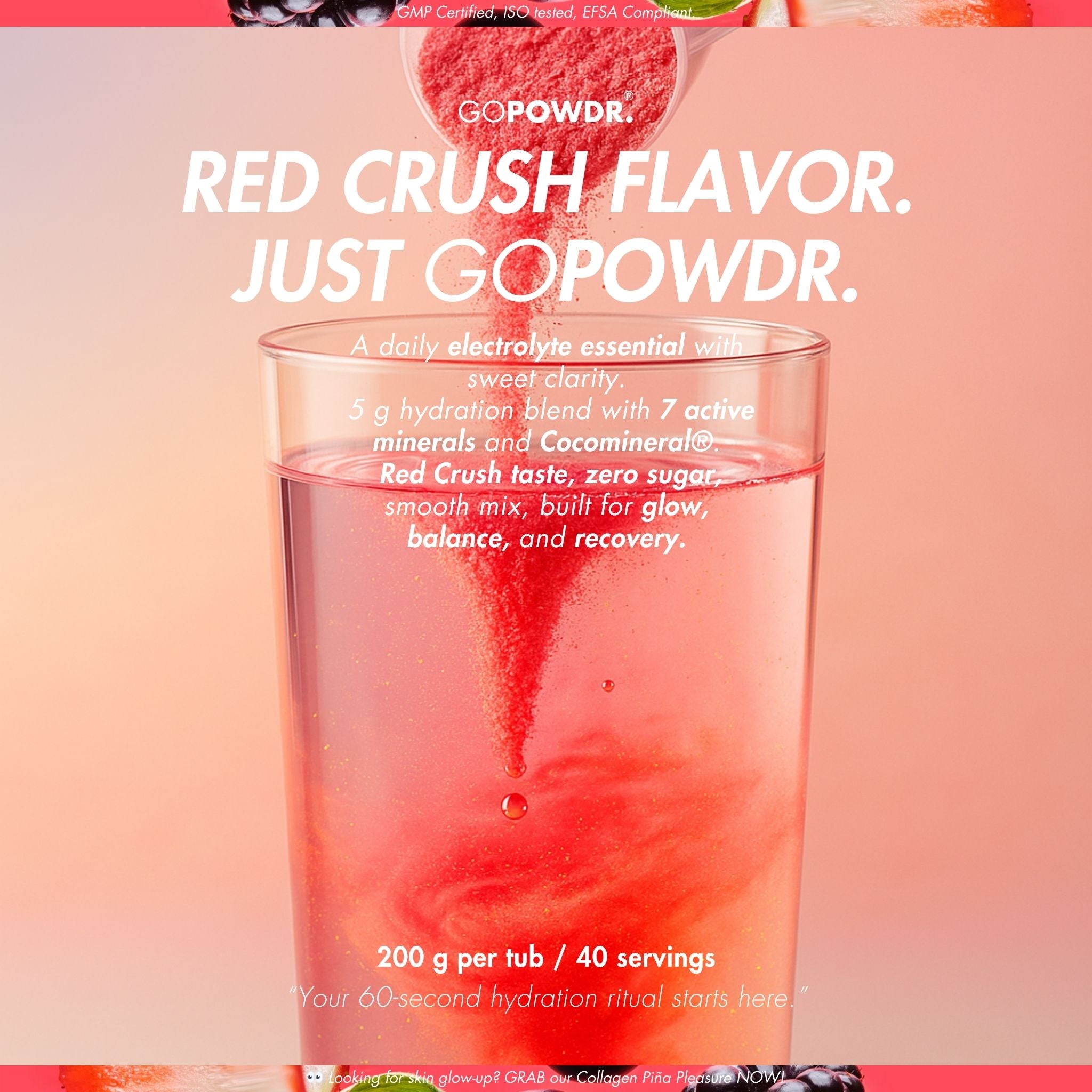 Red crush flavor GoPower drink mix being poured into a glass with a pink gradient background.