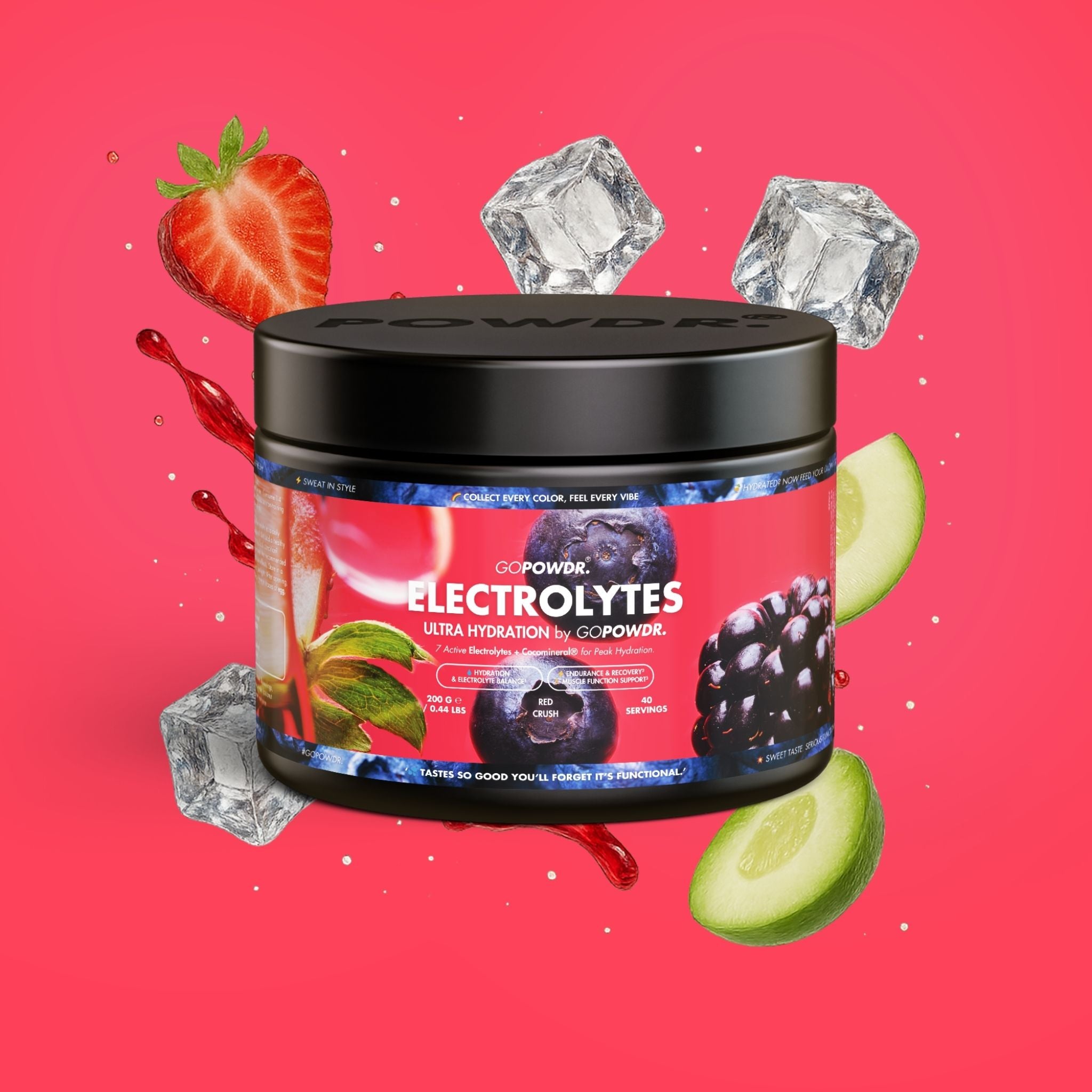 GO POWER Electrolytes container with fruit and ice cubes on a red background