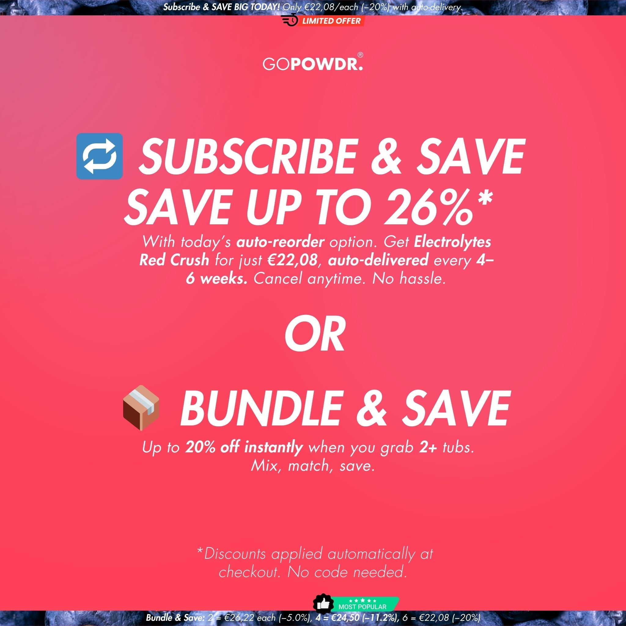 Promotional graphic for GOPOWDR with subscription and bundle saving options on a red background.