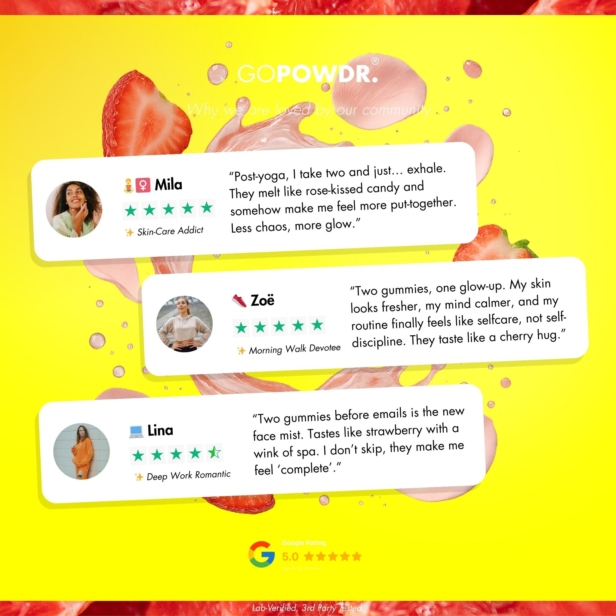 Product review with user testimonials on a yellow background