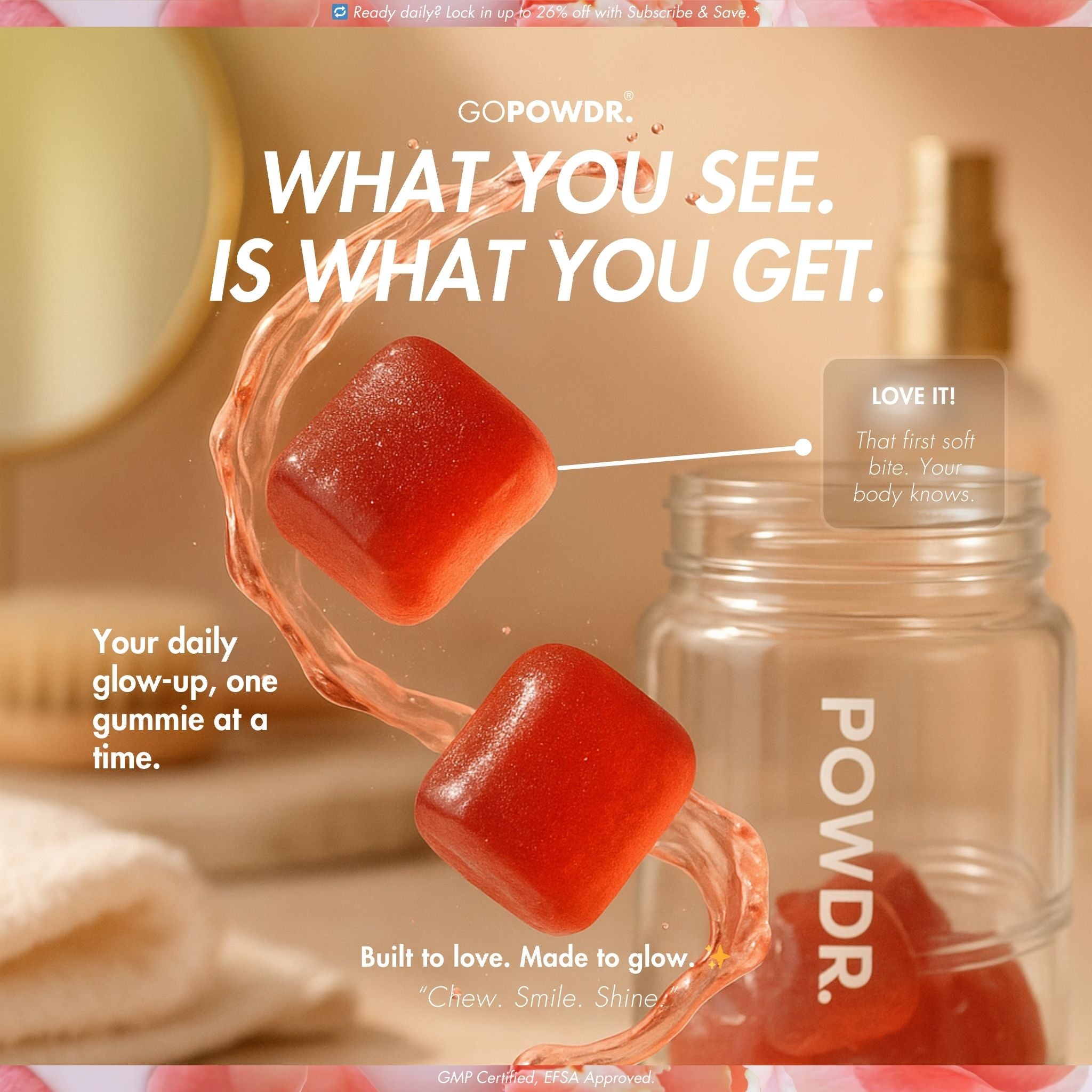 Hair skin nails 60 gummies strawberry rose with a jar labeled 'POWDR' on a beige background.