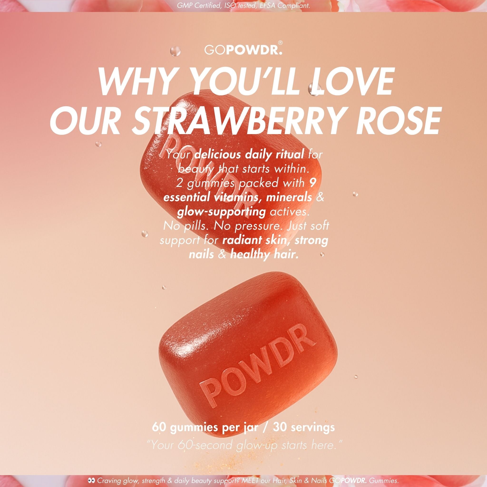 Hair skin nails gummy 60 gummies strawberry rose with text on a pink background