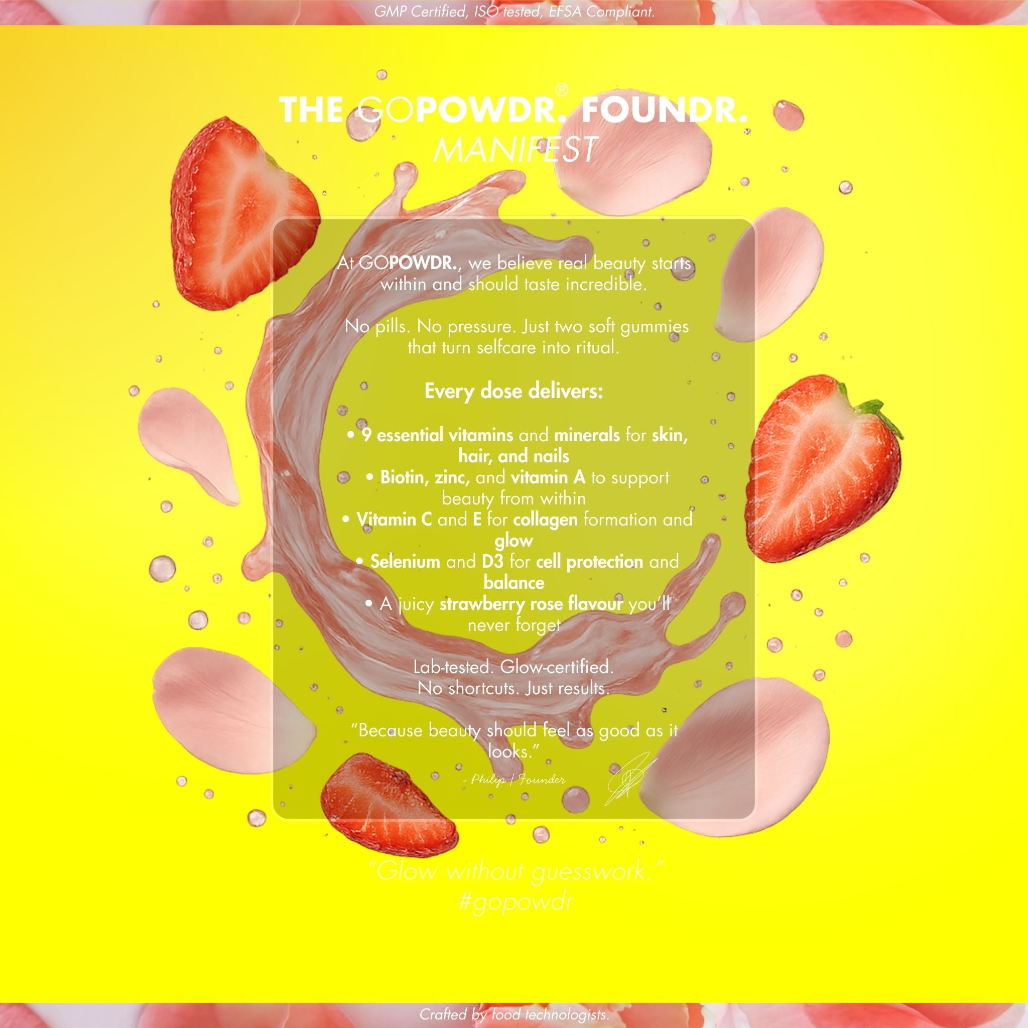 Gopowdr product packaging with strawberry slices and text on a yellow background