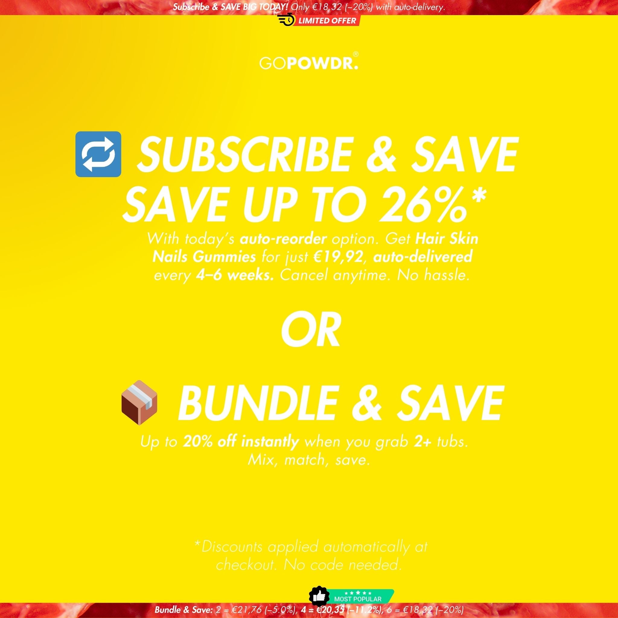 Promotional graphic with text about subscribing and bundling to save on a product, featuring the brand 'GOPOWDR'.