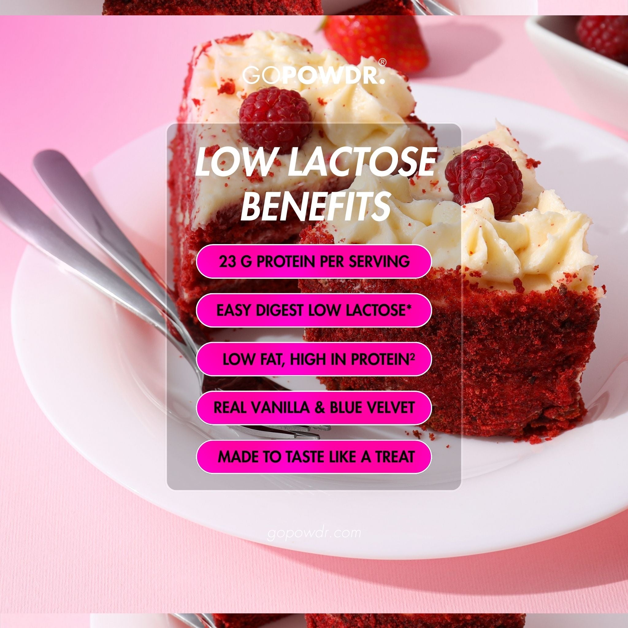 Red velvet cake with white frosting and raspberries on a pink background, featuring text about low lactose benefits.