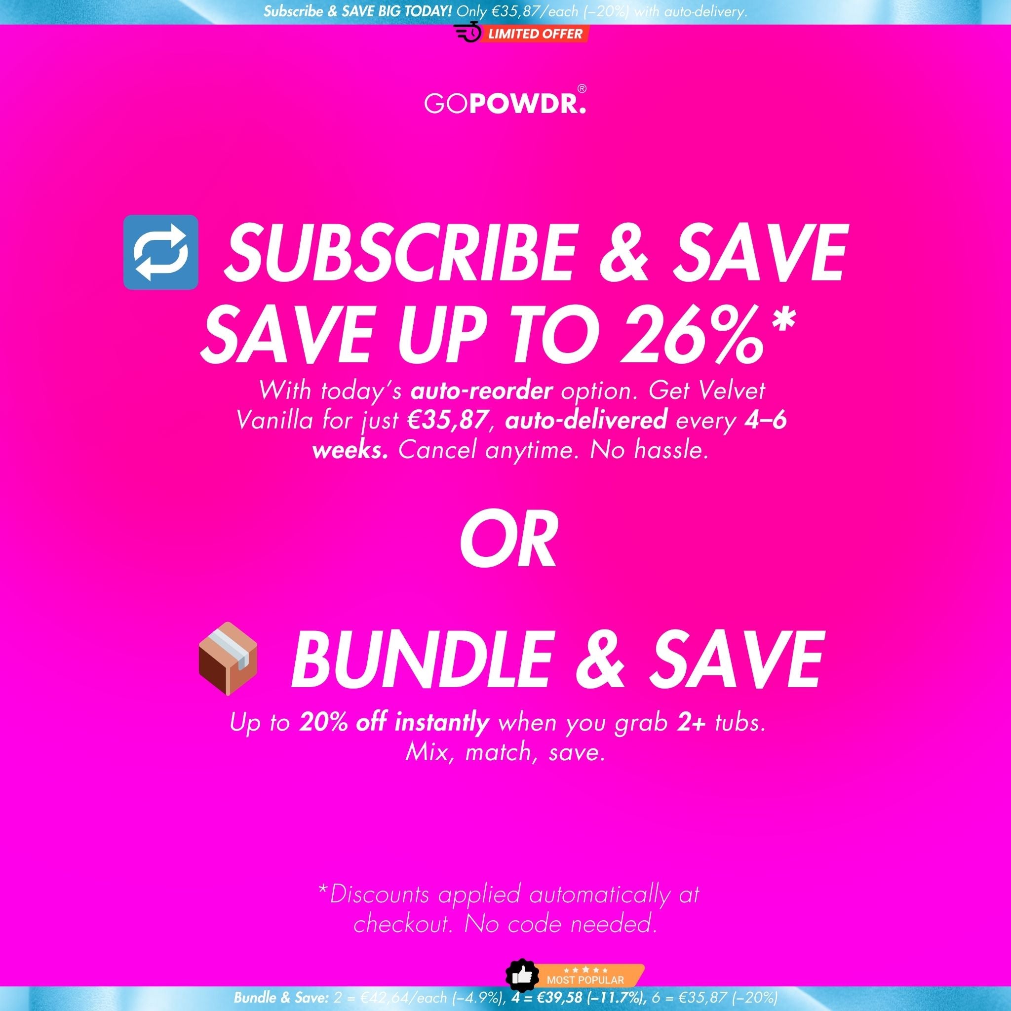 Gráfico promocional con texto sobre suscribirse y combinar para ahorrar en un fondo rosa, con la marca 'Gopowdr'.