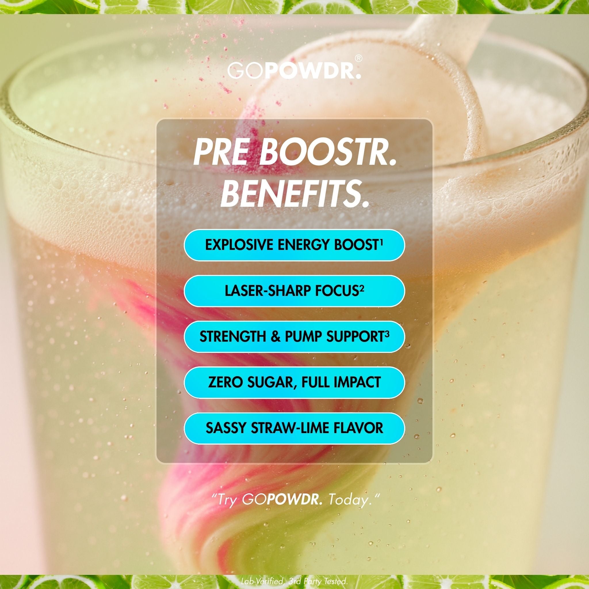 Glass of a colorful drink with GOPOWDR branding and pre-boost benefits listed.