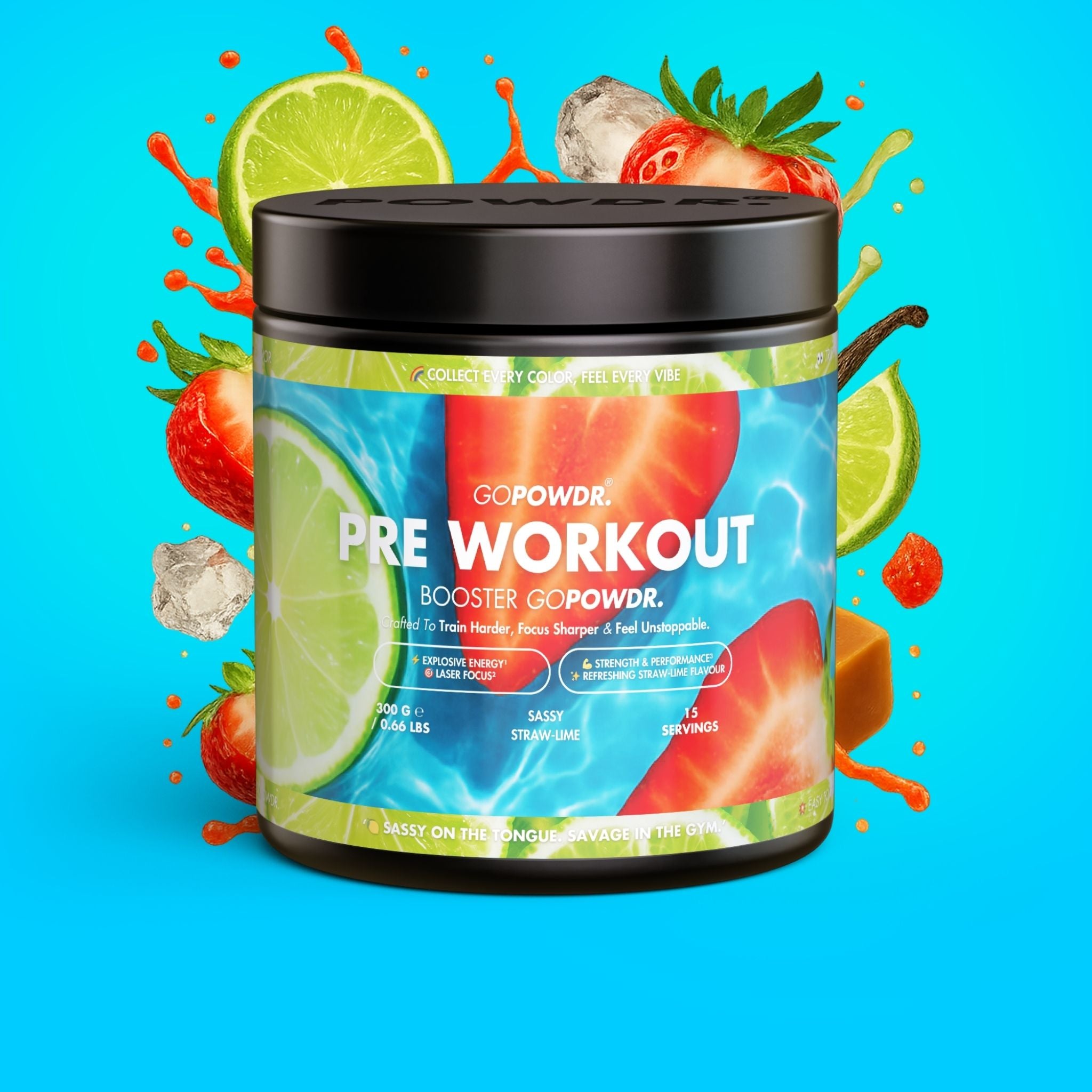 GOPOWDR pre-workout sassy straw lime supplement container with fruit graphics on a blue background