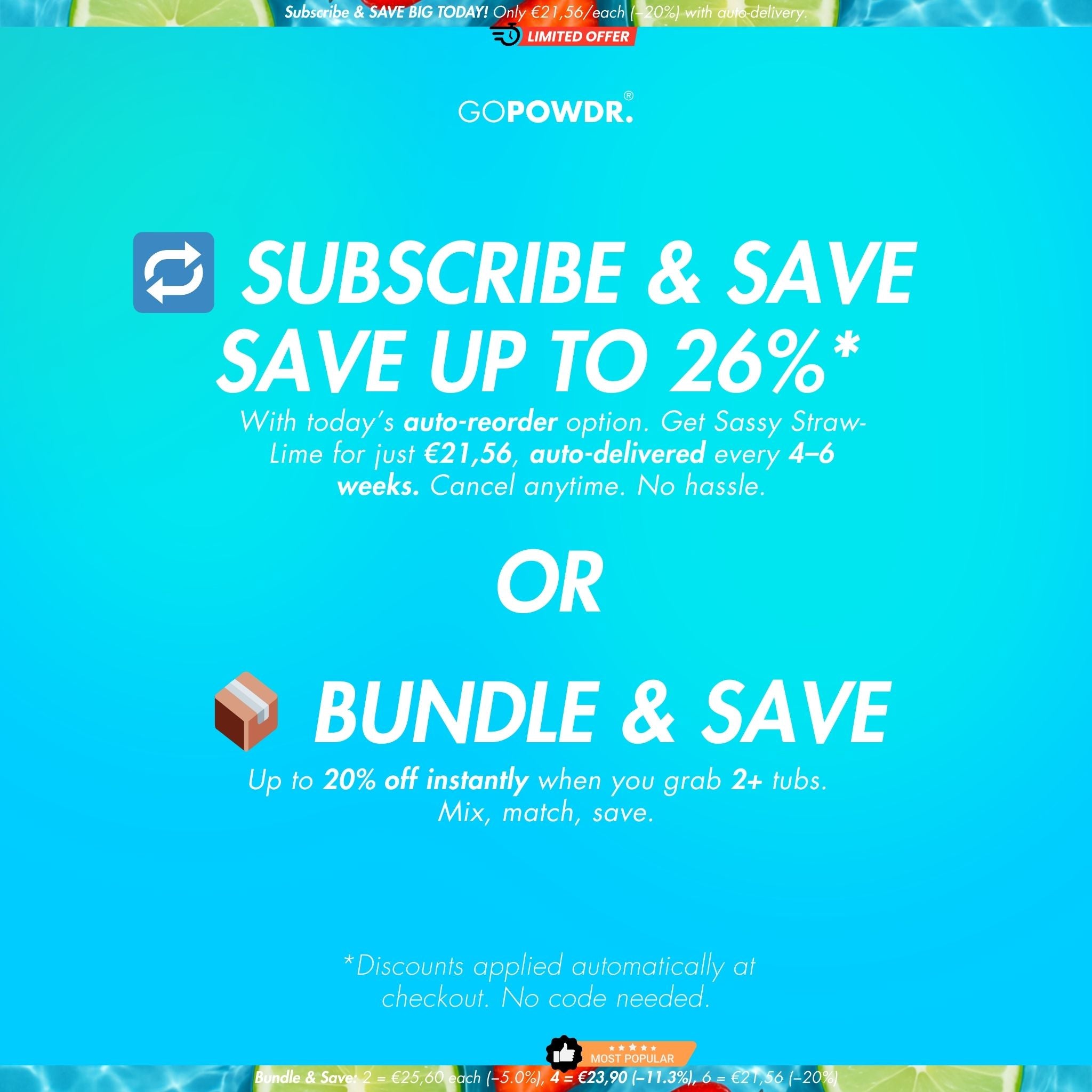 Propagační grafika pro GO POWDR s možnostmi úspor při předplatném a balíčcích na modrém pozadí.