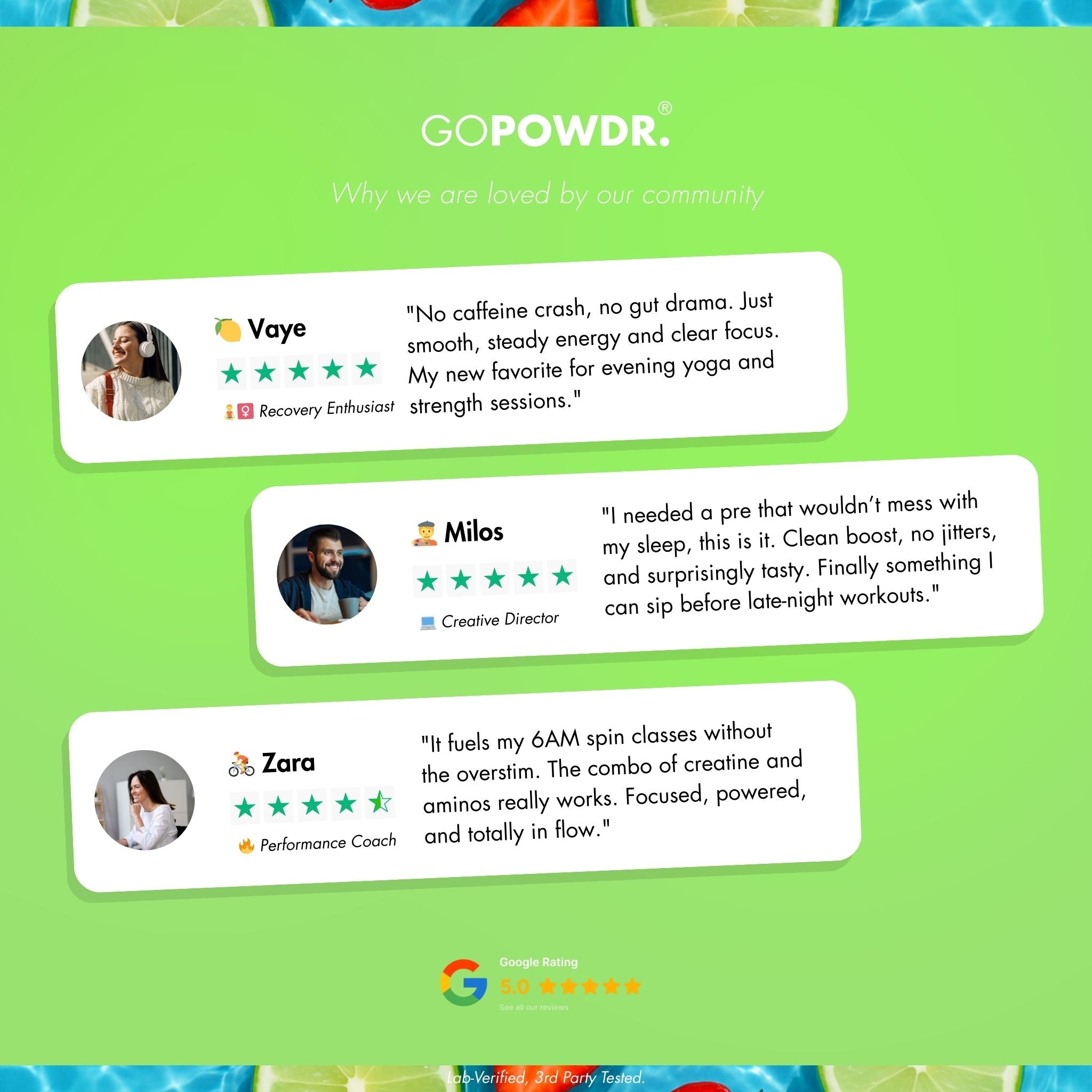 GOPOWDR product review section with user testimonials on a green background