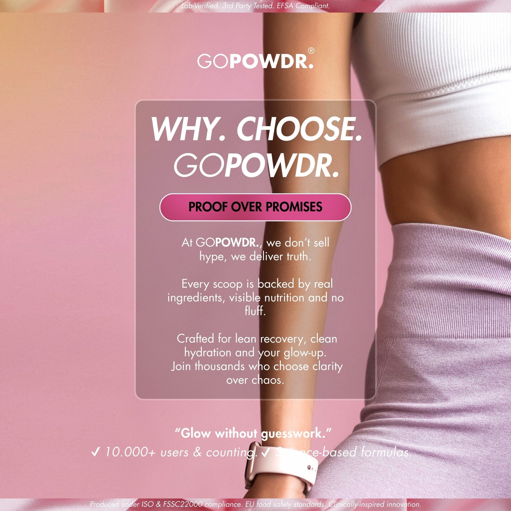 GOPOWDR with a person wearing a white top and pink pants on a pink background.