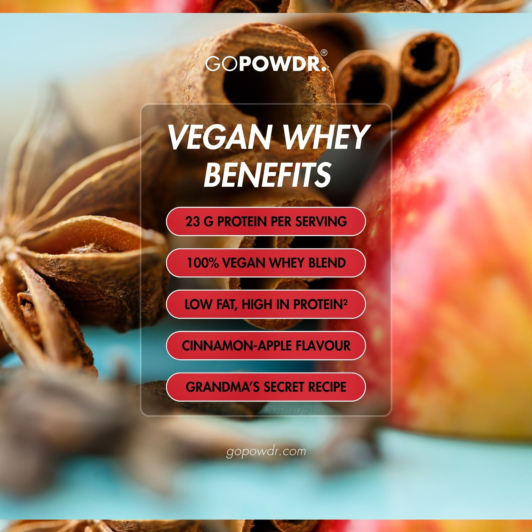 Advertisement for GOPOWDR vegan whey protein with cinnamon and apple on a blue background