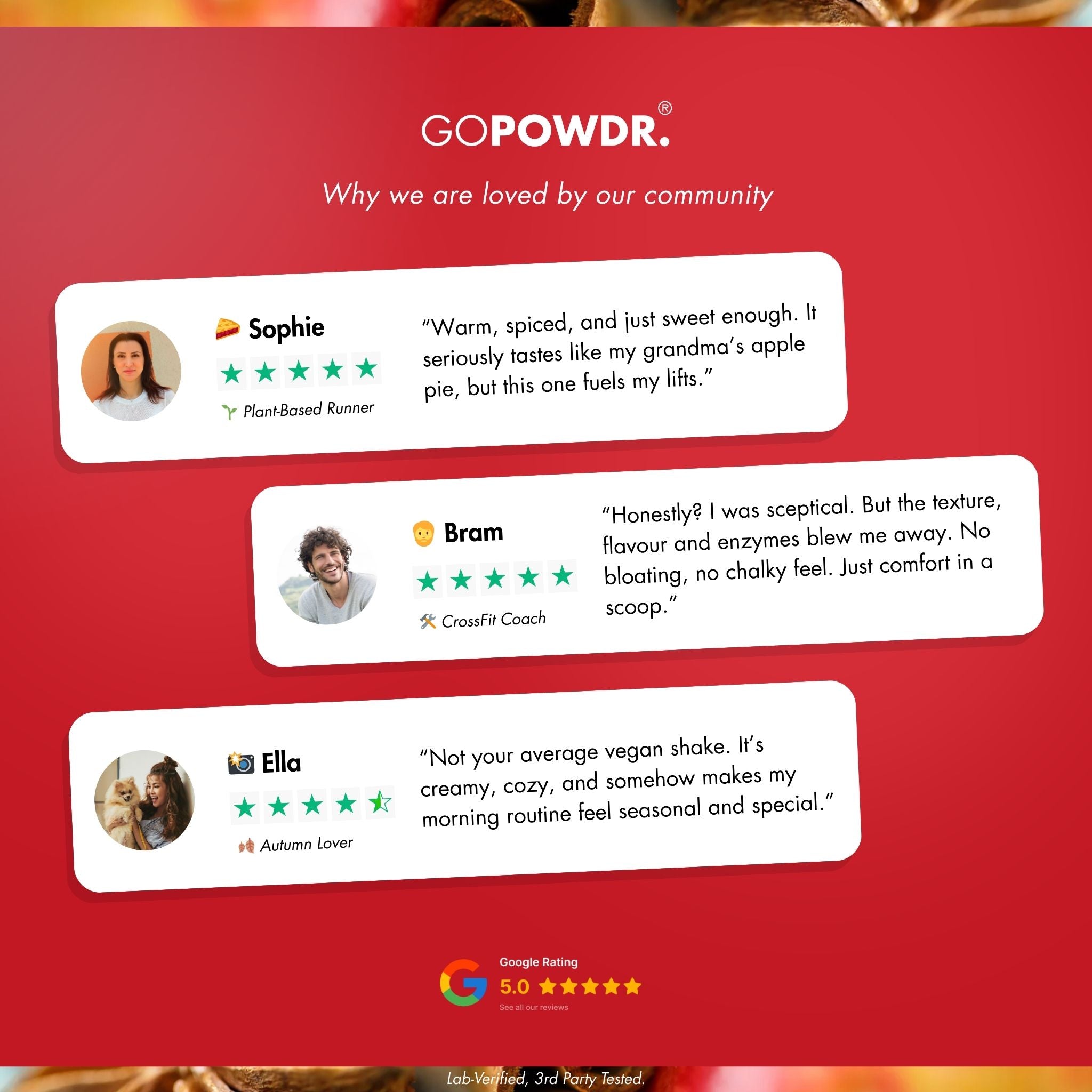 GOPOWDR product review section with customer testimonials on a red background