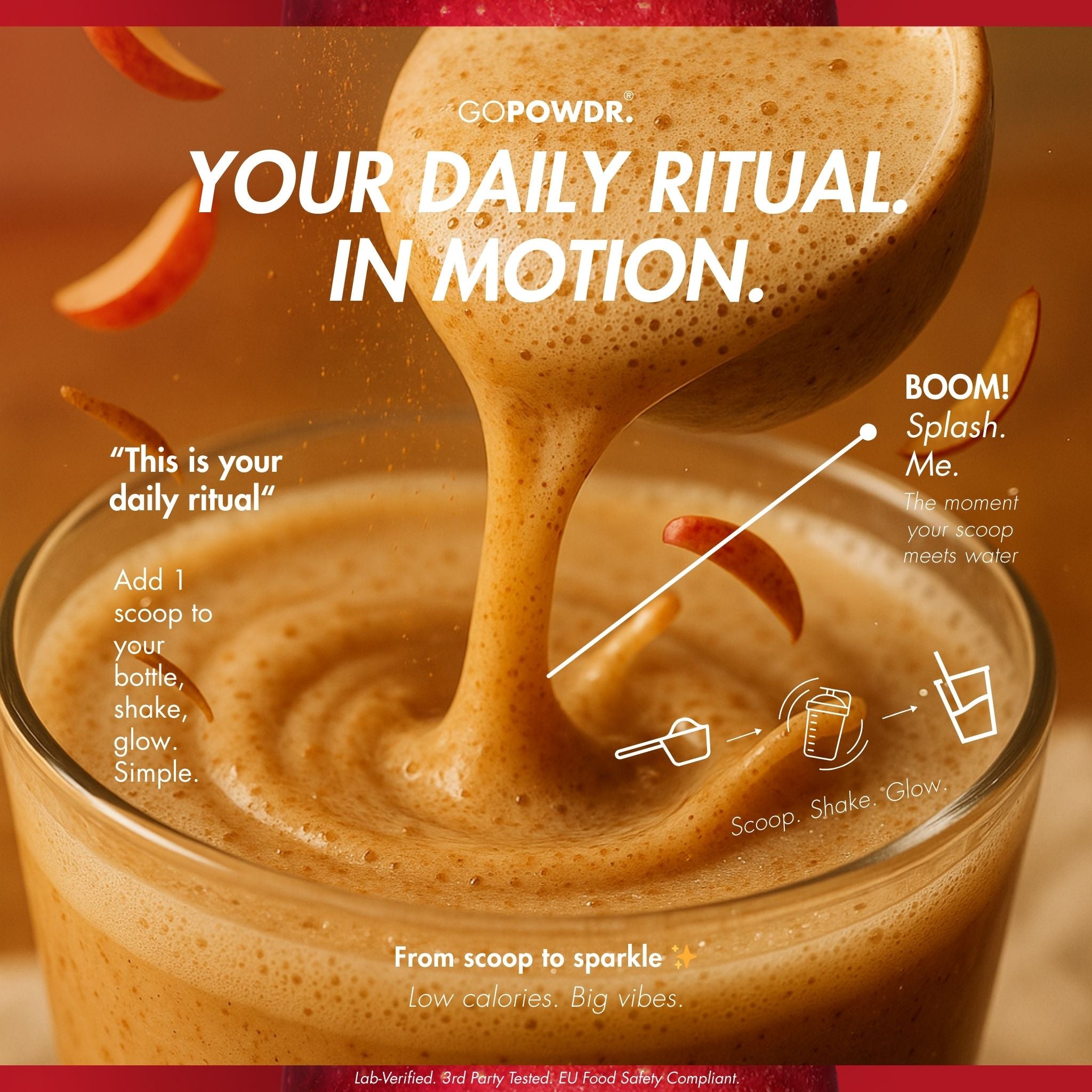 Glass of a protein shake with a scoop of GOPOWDR, featuring text about daily ritual and product use.