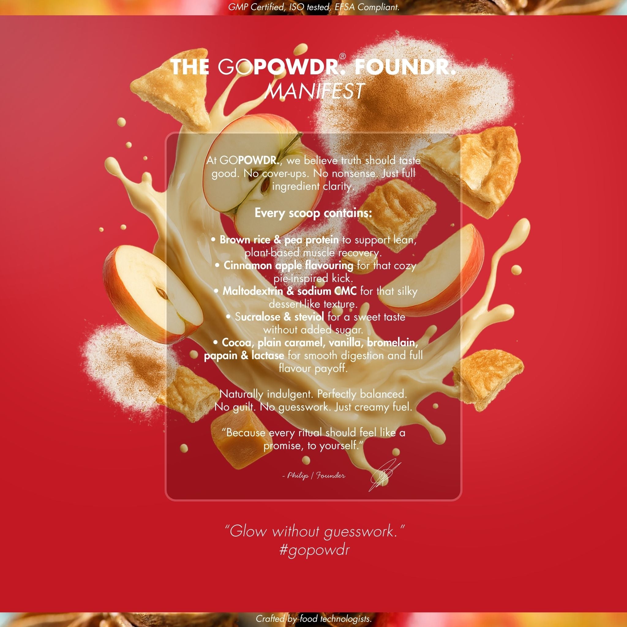 Product packaging with text and apple illustration on a red background