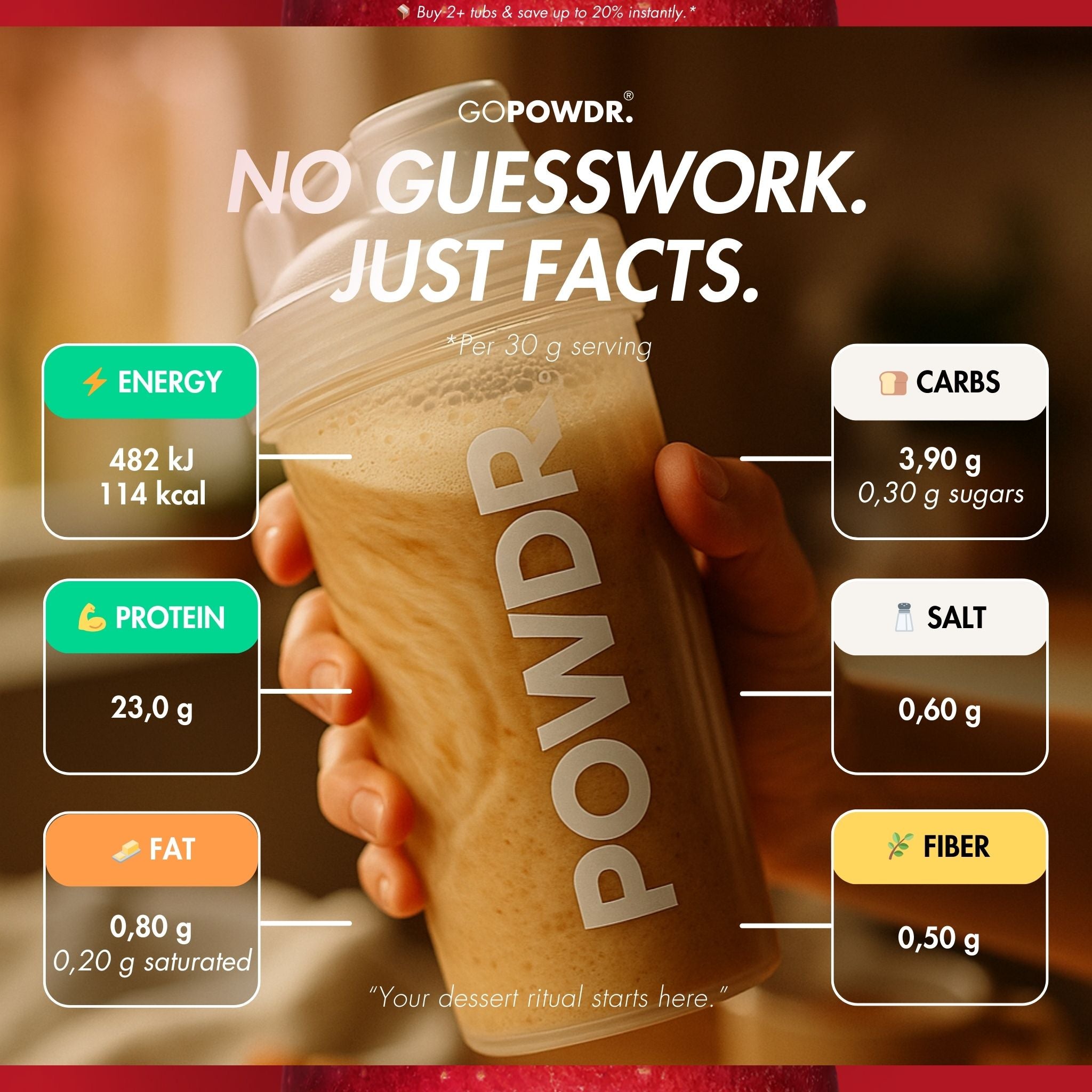 GOPOWDR protein powder container with nutritional information displayed