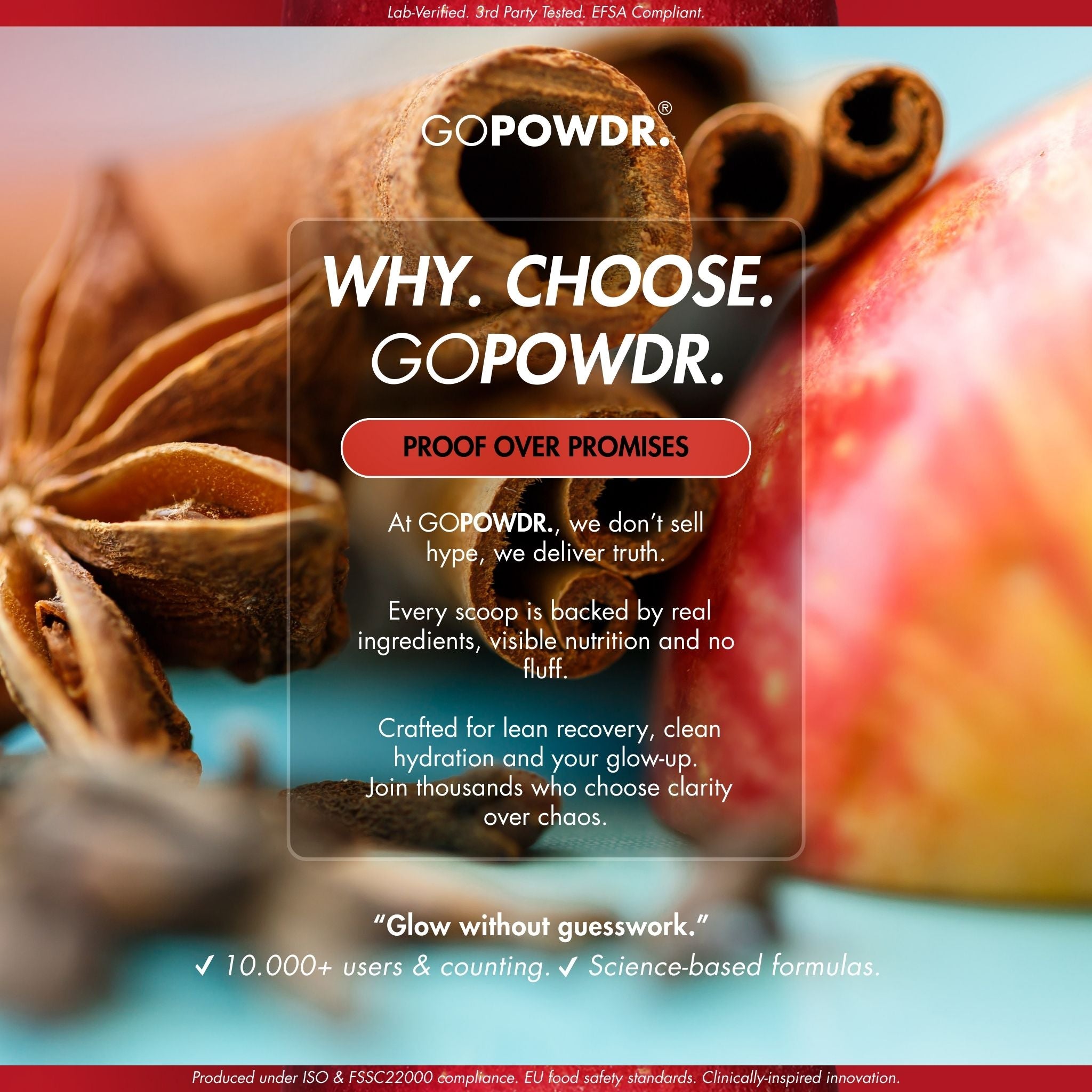 Advertisement for GOPOWDR with spices and an apple on a blue background