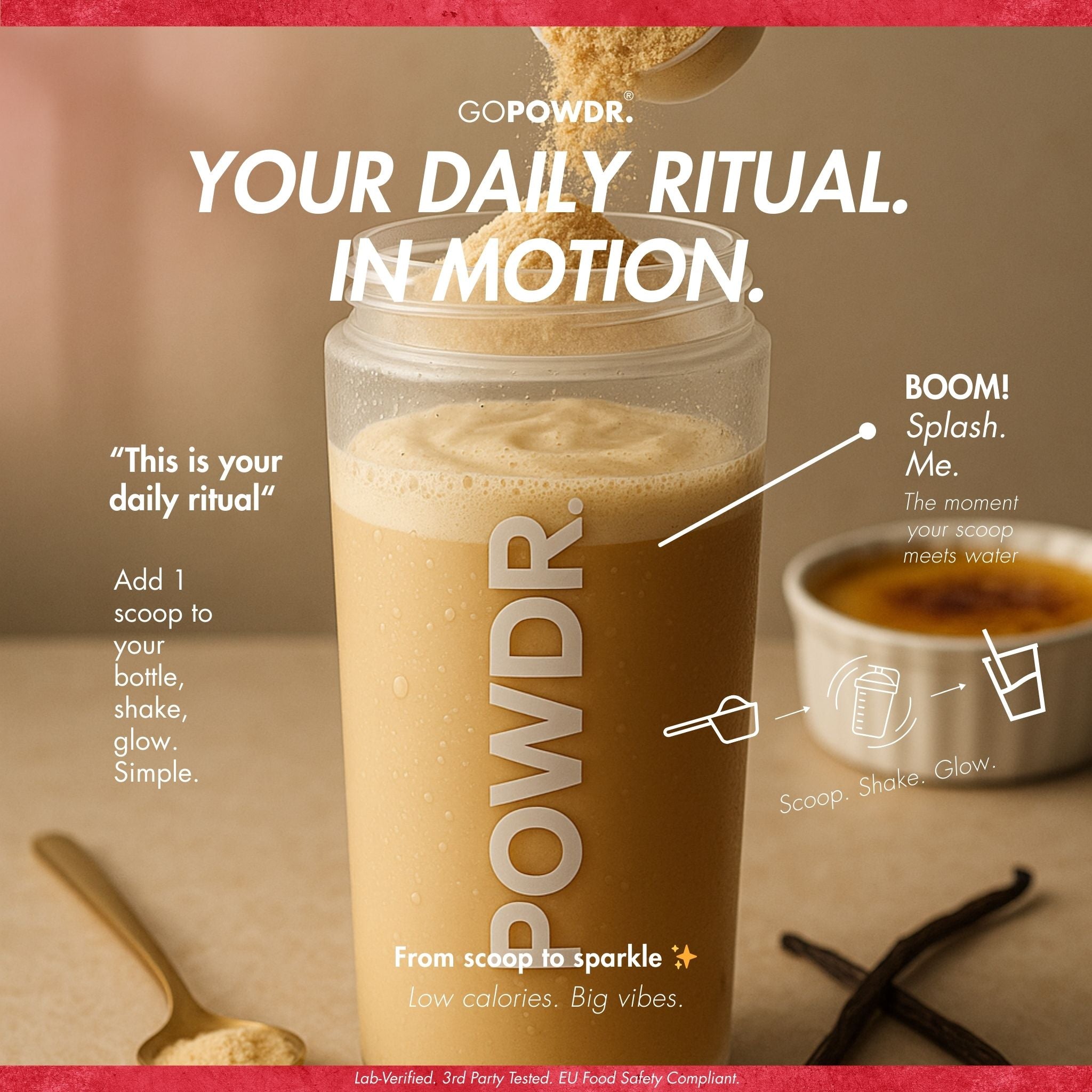 GOPOWR powder being added to a container with text about daily ritual and product features.