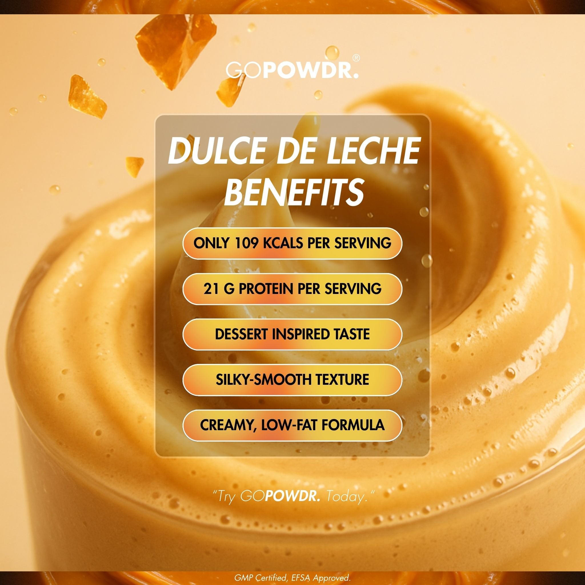Dulce de leche benefits displayed on a GC Powdr product with a creamy texture.