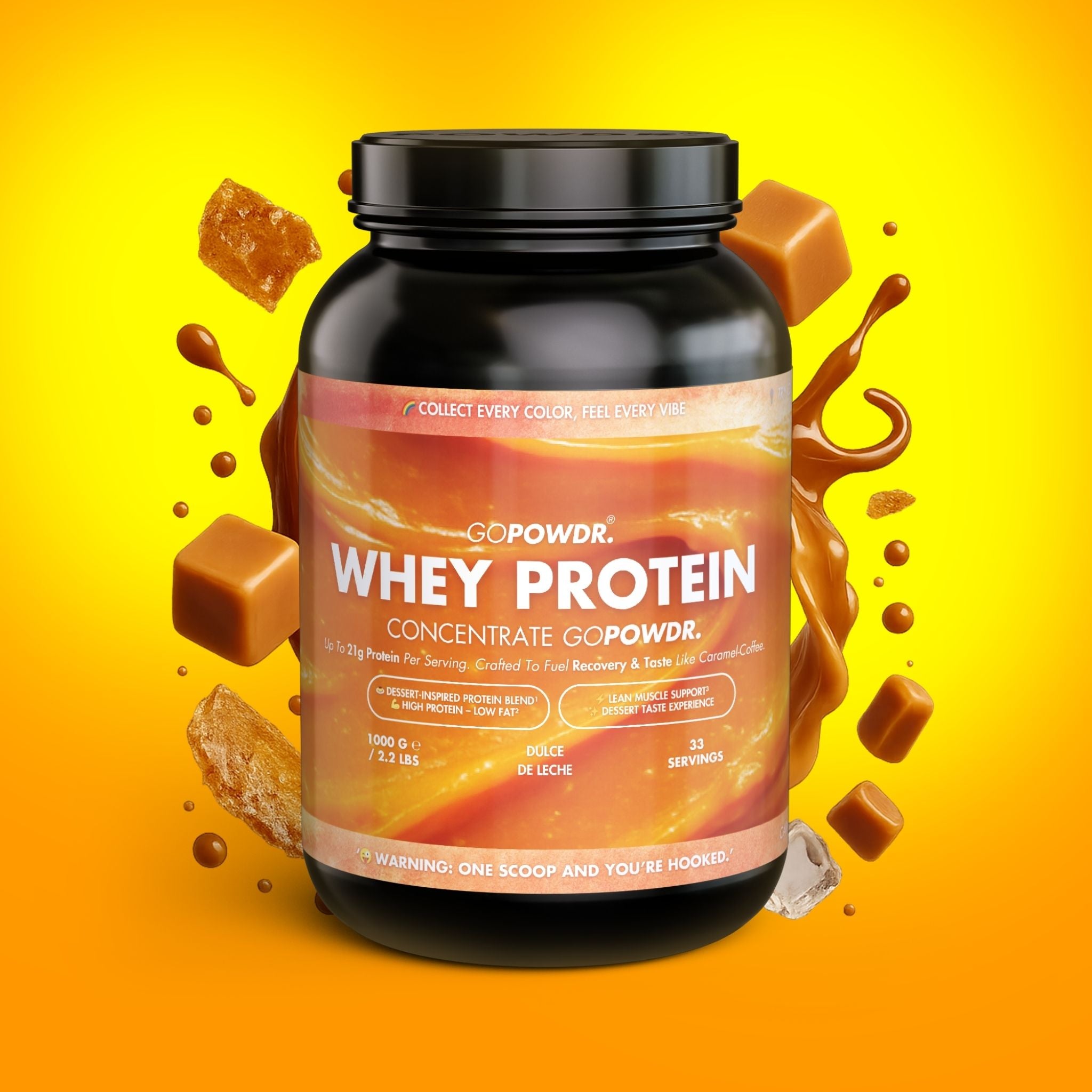 GOPOWDR whey protein concentrate container on a yellow background with caramel elements.