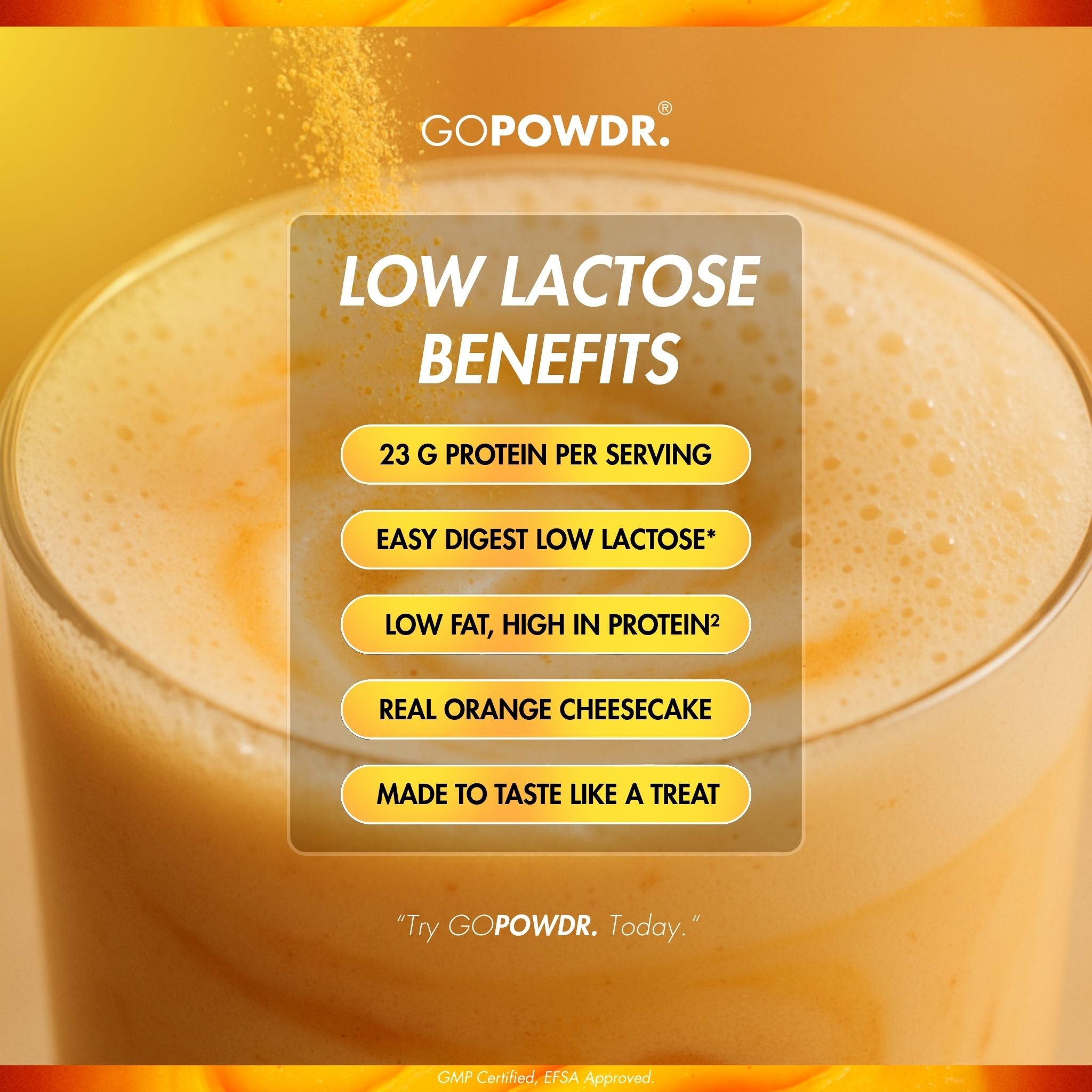 Glass of orange cheesecake-flavored drink with GOPOWDR branding and low lactose benefits text overlay.