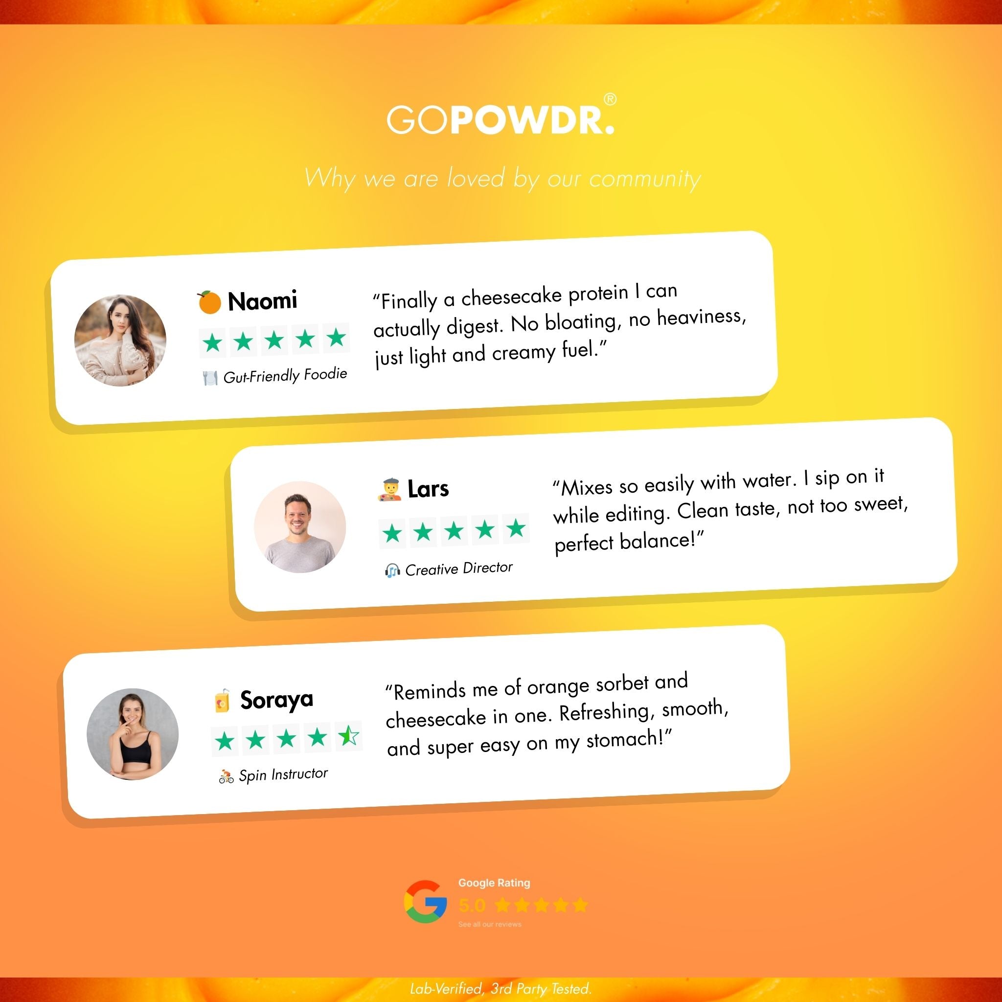GOPOWDR product review graphic with customer testimonials on a yellow background
