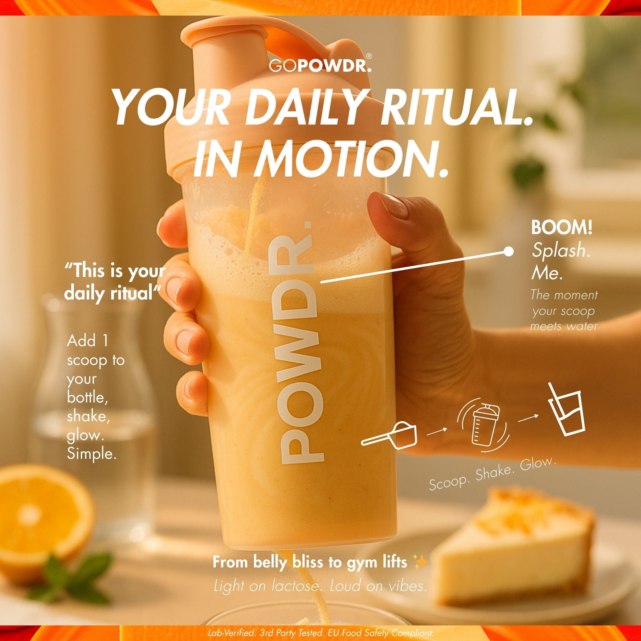 Person holding a 'POWDR' supplement bottle with promotional text and branding.