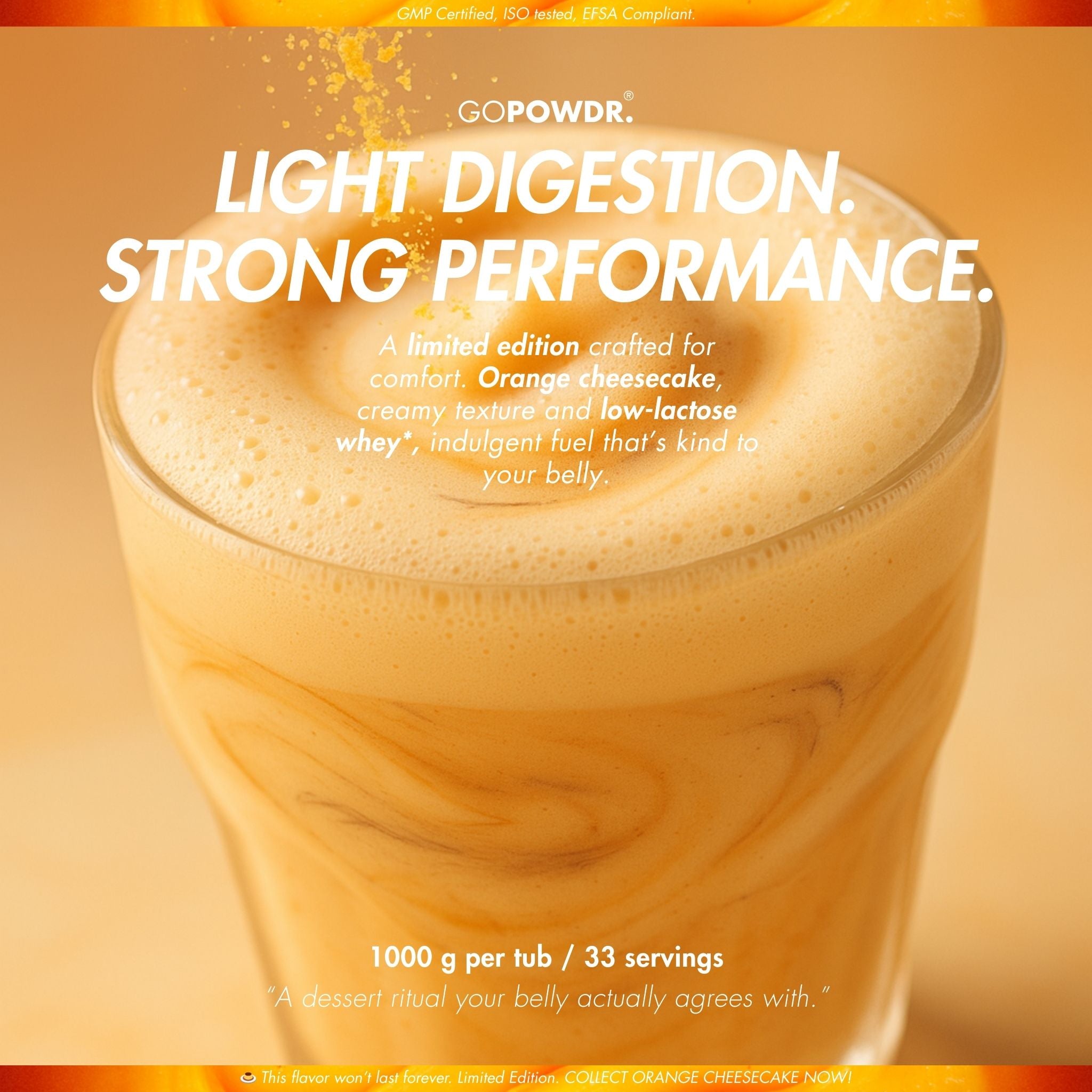 Glass of orange smoothie with text about light digestion and strong performance, featuring the brand 'GOPOWDR'.