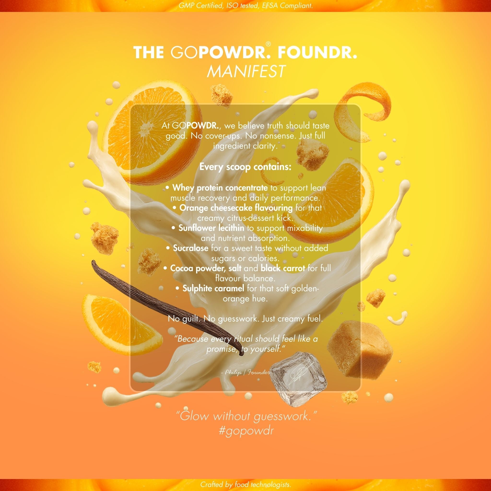 Promotional graphic for GoPowder soap with orange slices and soap bar on a yellow background