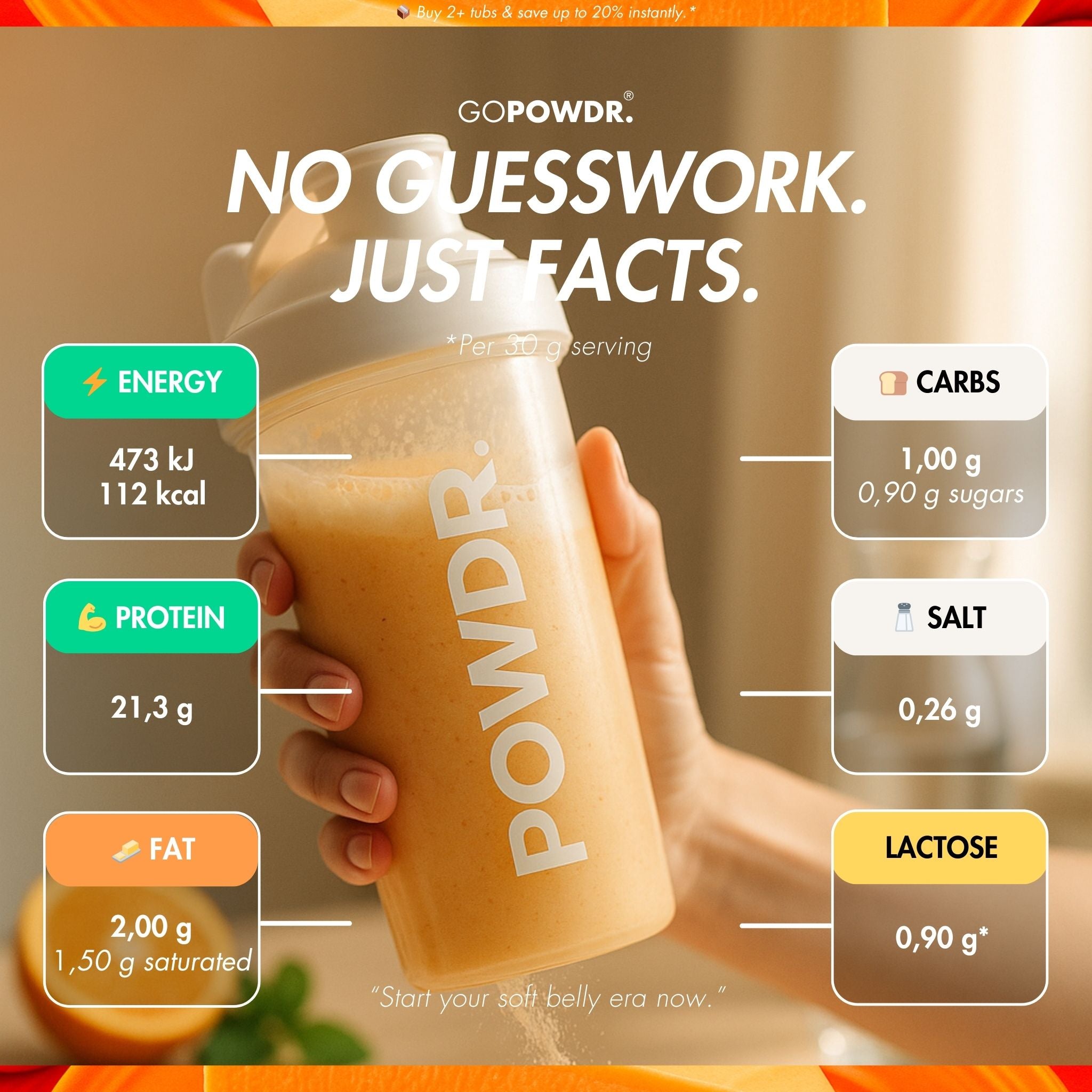 GOPOWDR protein shake container with nutritional information displayed