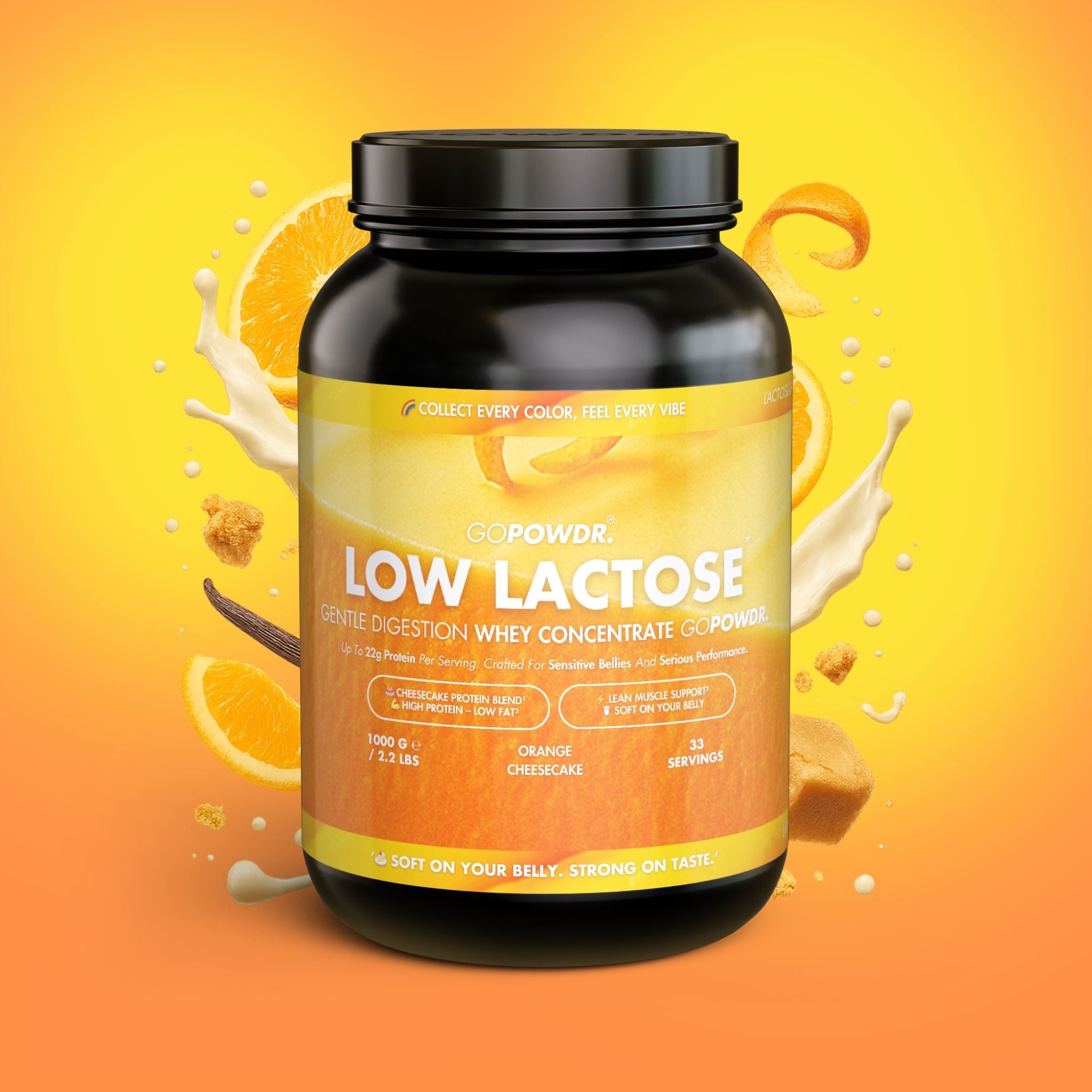 Whey protein lactose free orange cheesecake on a gradient background with orange and vanilla elements.