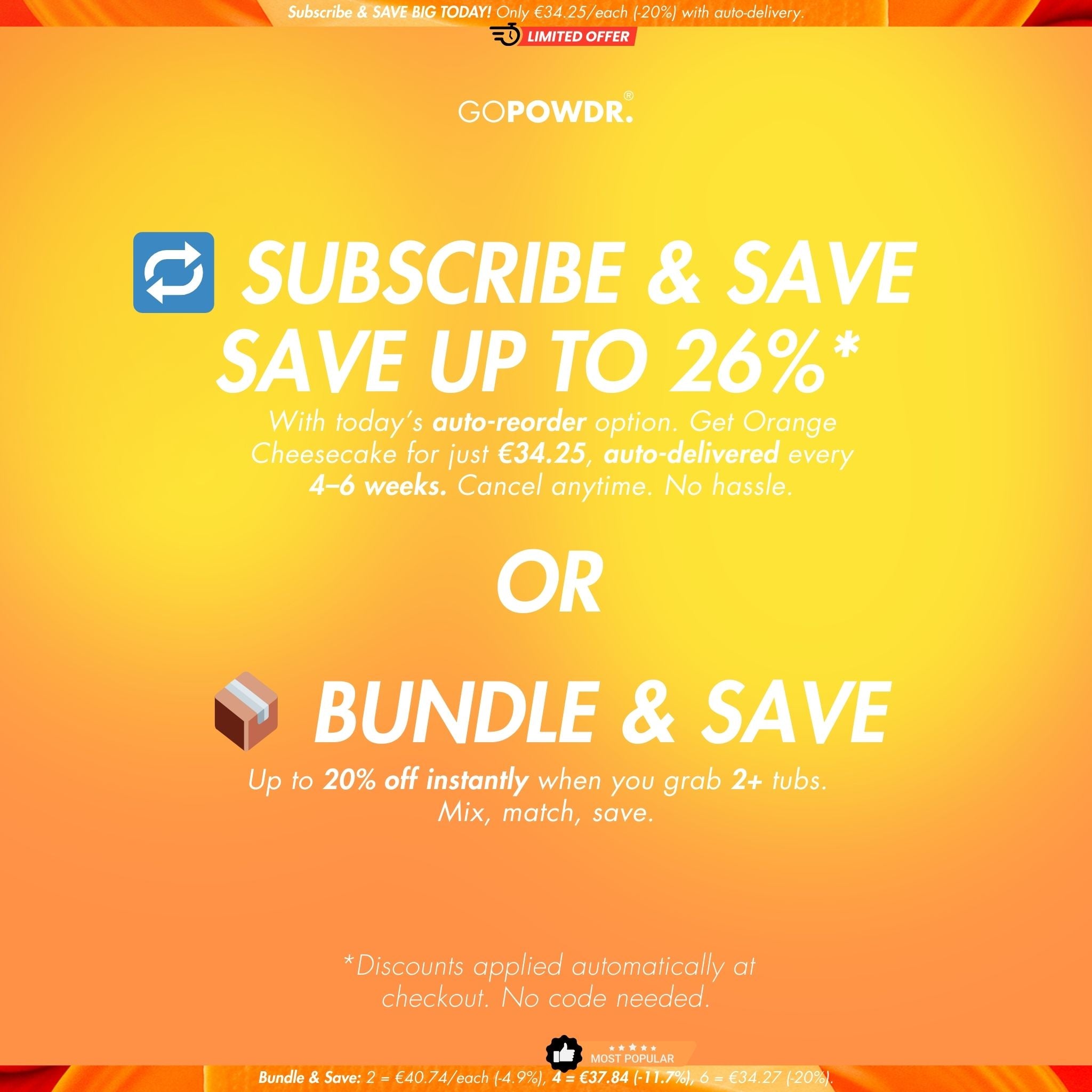 Promotional graphic from GoPowdr with subscription and bundle saving options on a yellow background.