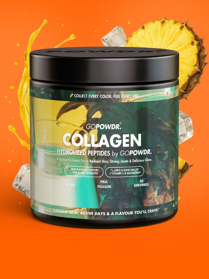 GOPOWDR collagen supplement container with a pineapple slice on an orange background