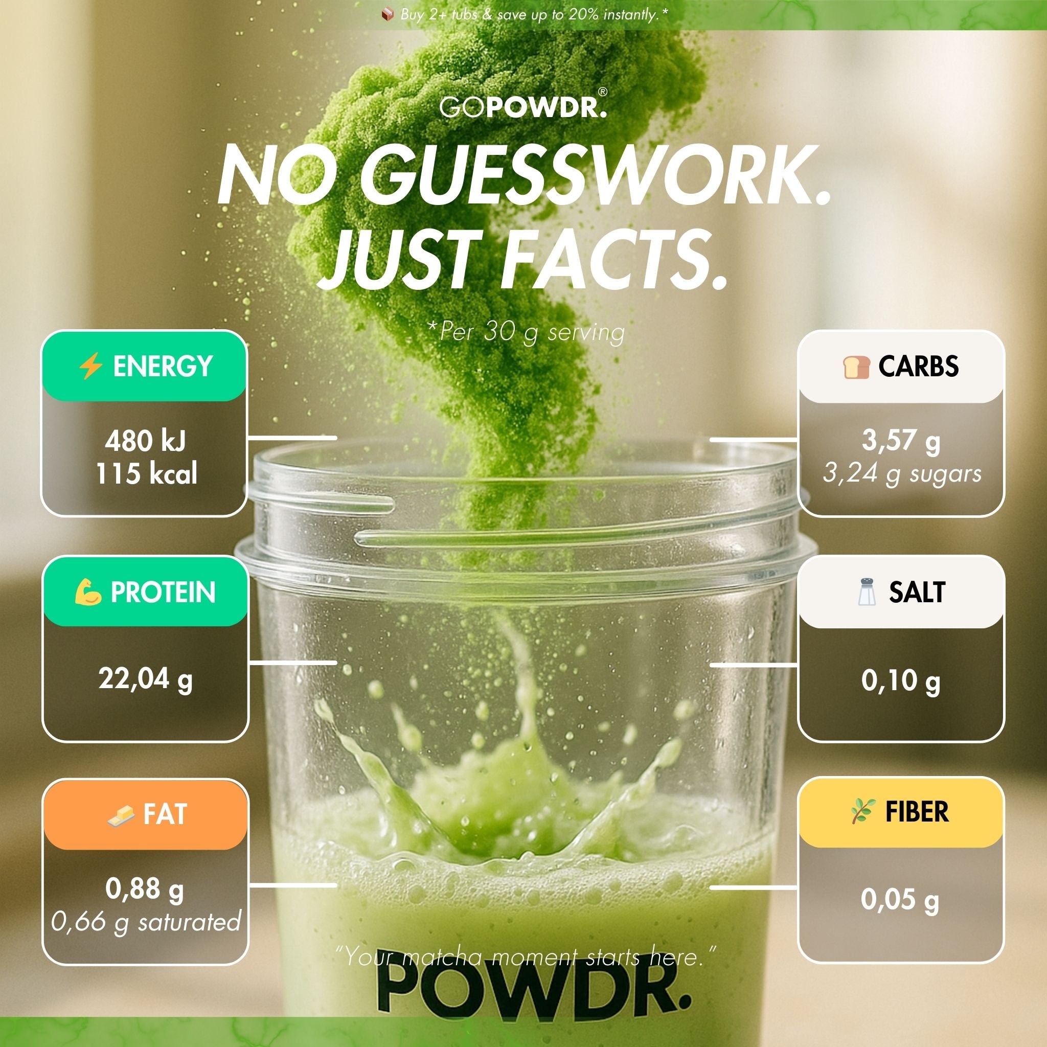 Green powder being added to a jar with nutritional information displayed.