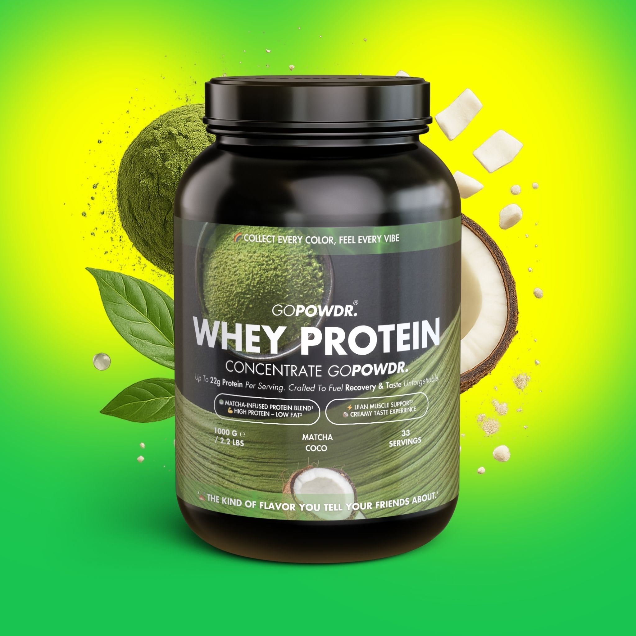 GOPOWDR whey protein concentrate container on a green and yellow gradient background with matcha powder, coconut, and protein balls.