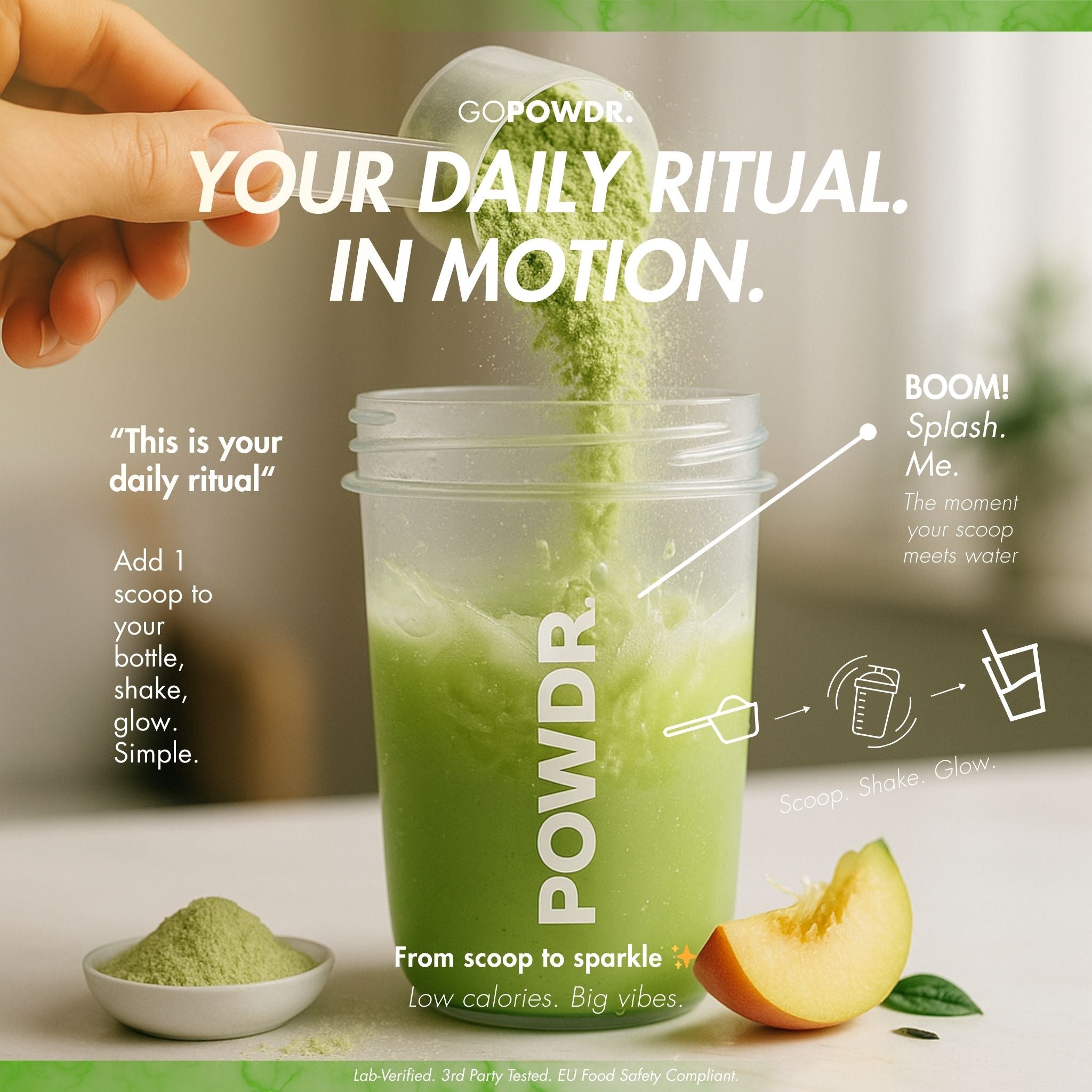 Green powder being added to a shake with text about 'Your Daily Ritual' and 'POWDR'.