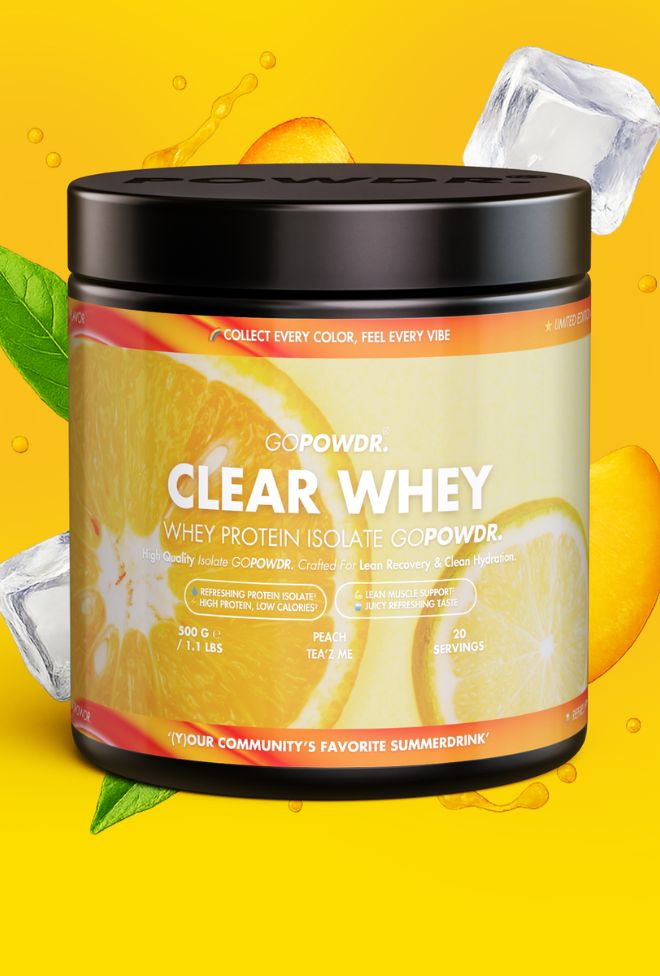 Container of GOPOWDR Clear Whey protein powder on a yellow background with ice cubes and orange slices.