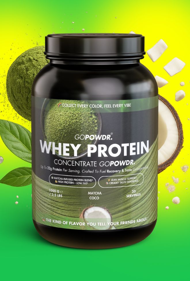 GOPOWDR whey protein concentrate container on a colorful background
