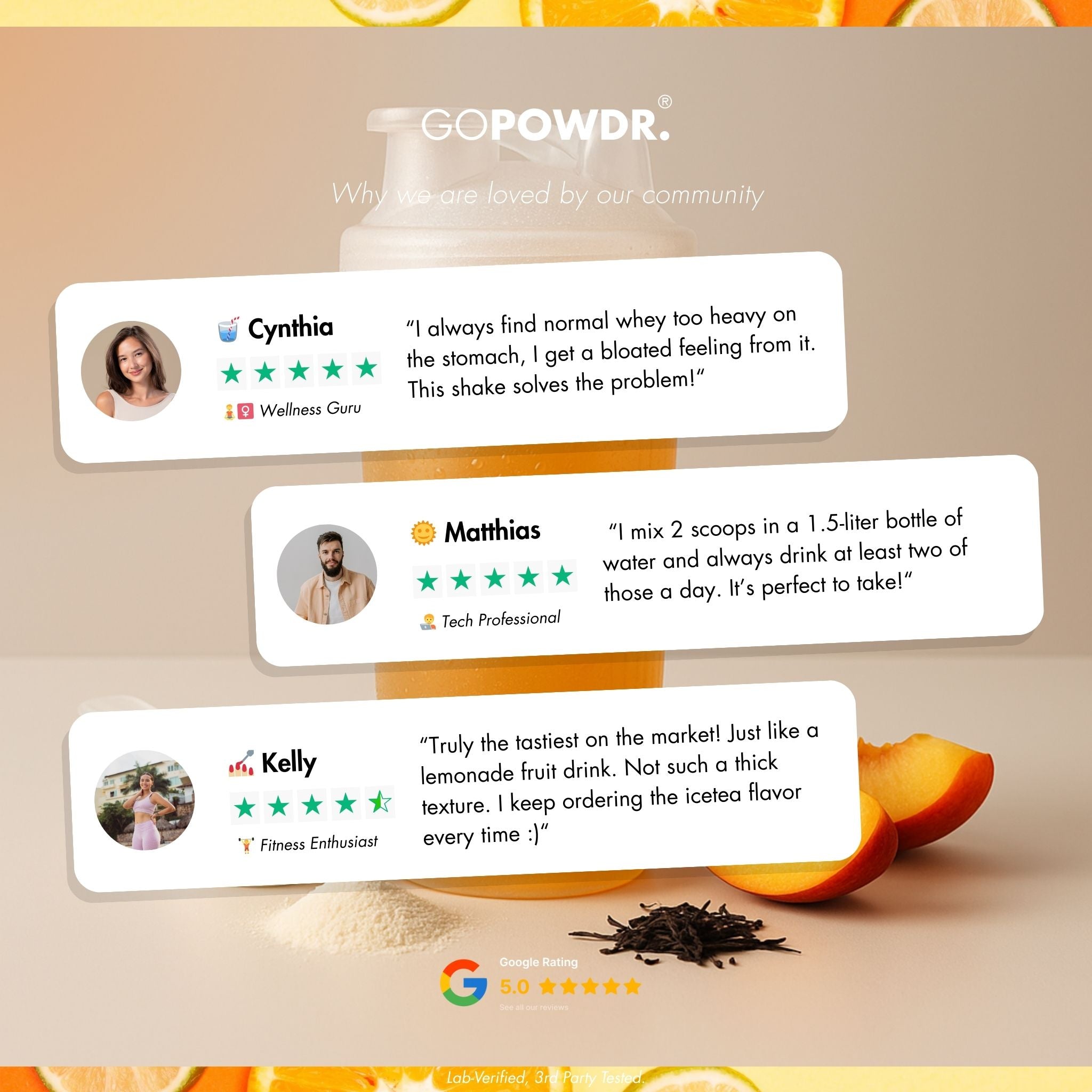 GOPOWDR product with customer reviews and a scoop of powder on a light brown background