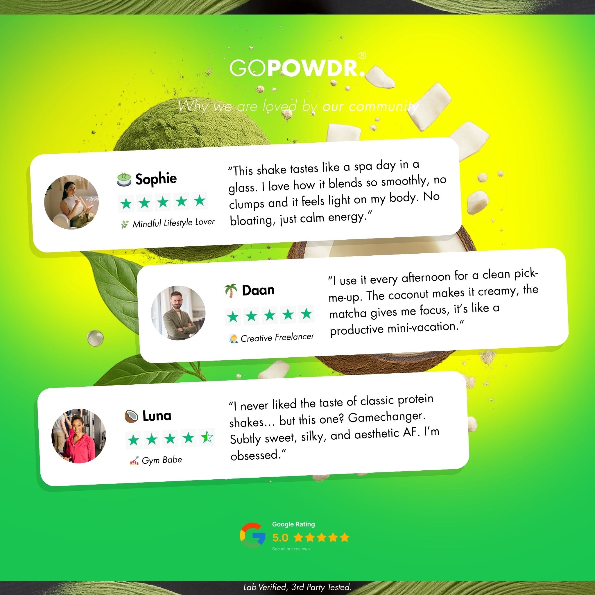 GOPOWDR product review section with customer testimonials on a green and yellow background
