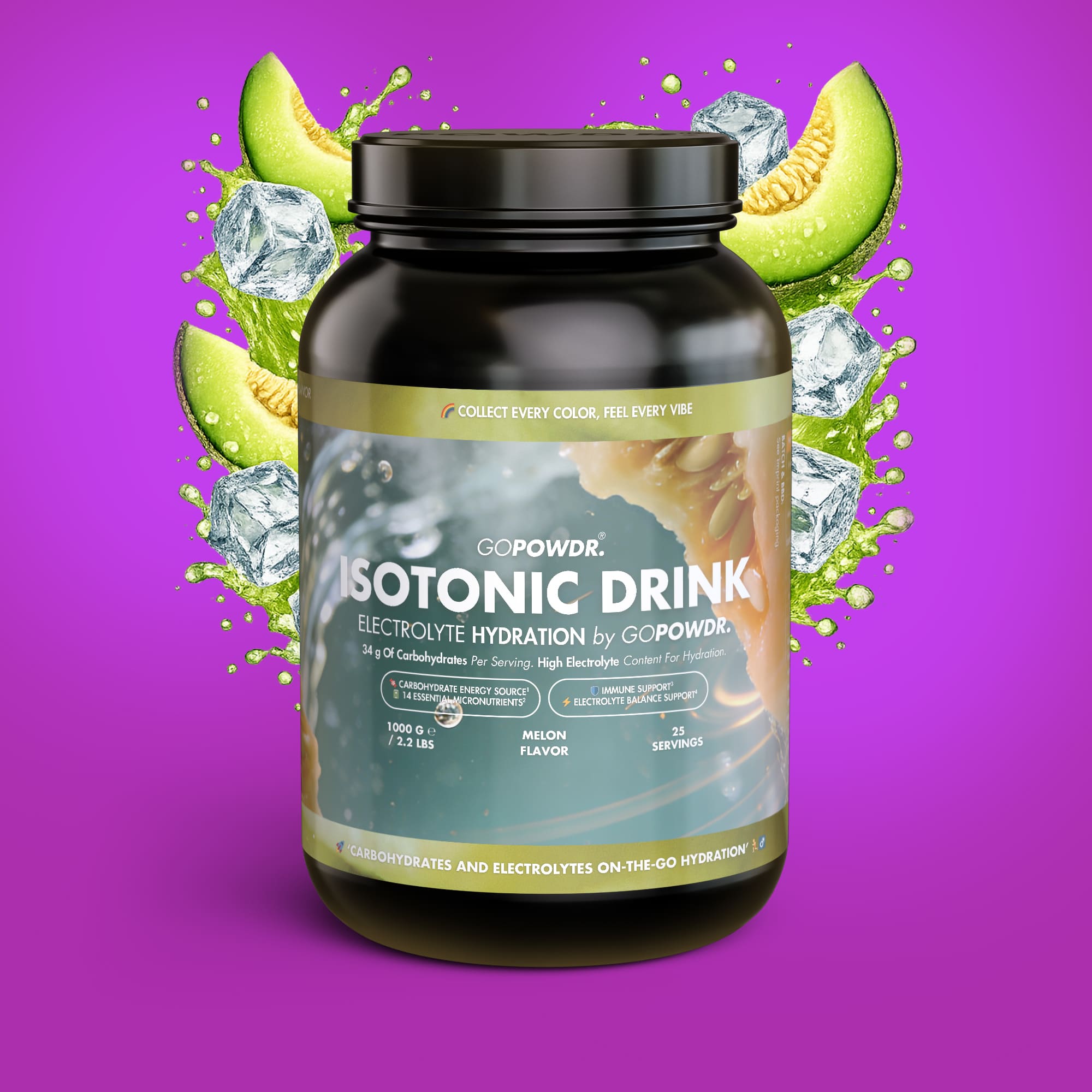 GOPOWDR isotonic drink container with melon slices and ice cubes on a purple background