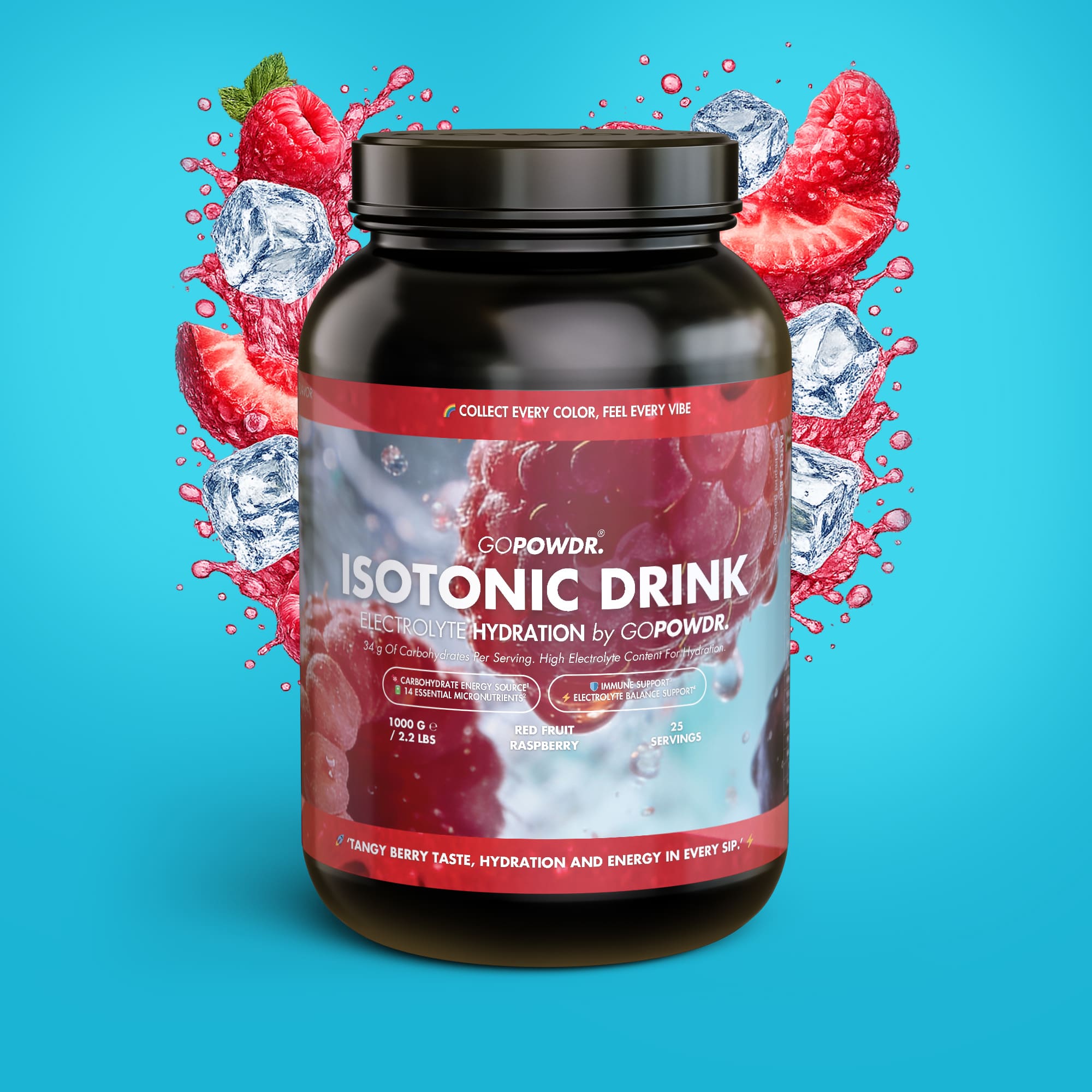 GOPOWDR isotonic drink container with berries and ice on a blue background