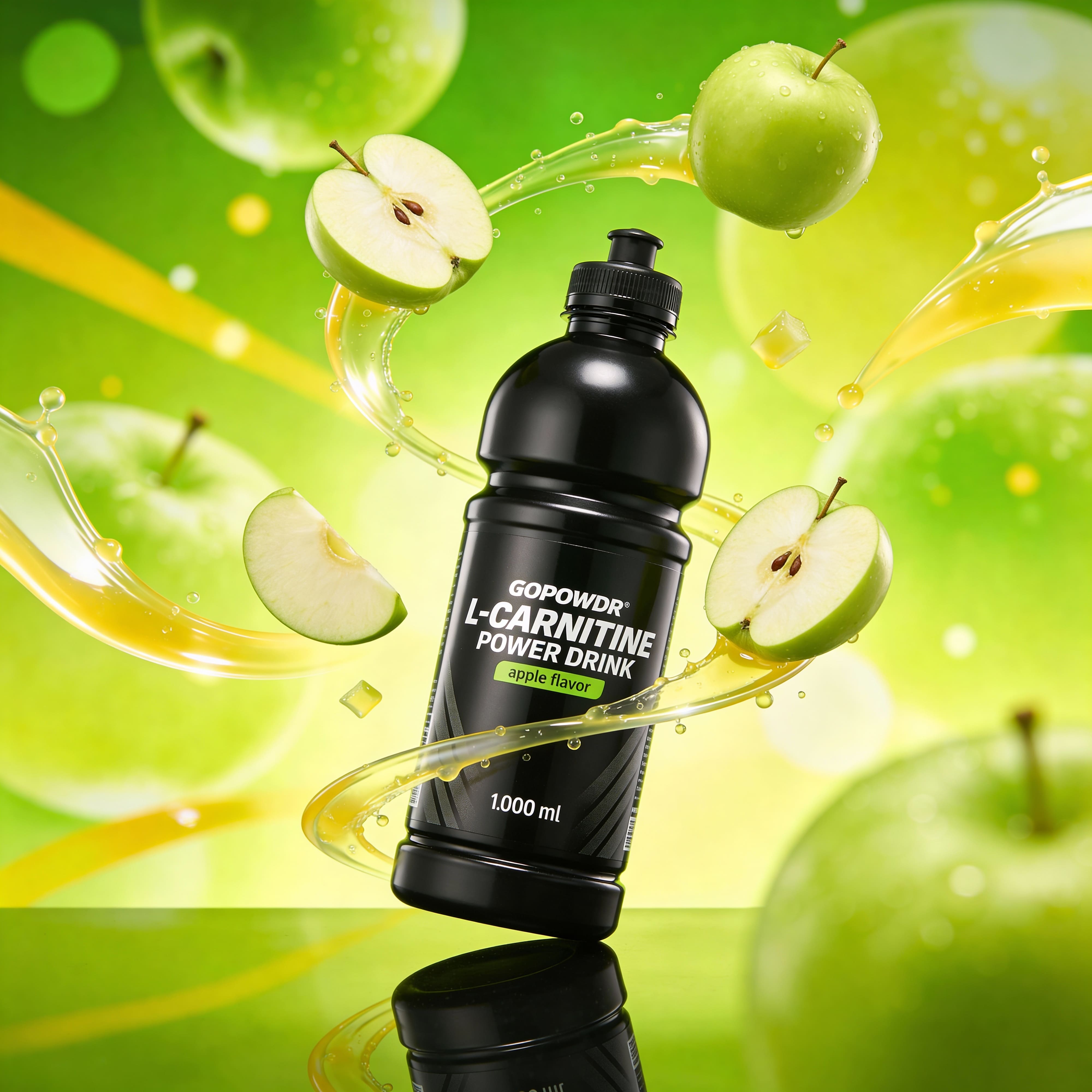Black L-Carnitine power drink bottle with green apples on a vibrant green background