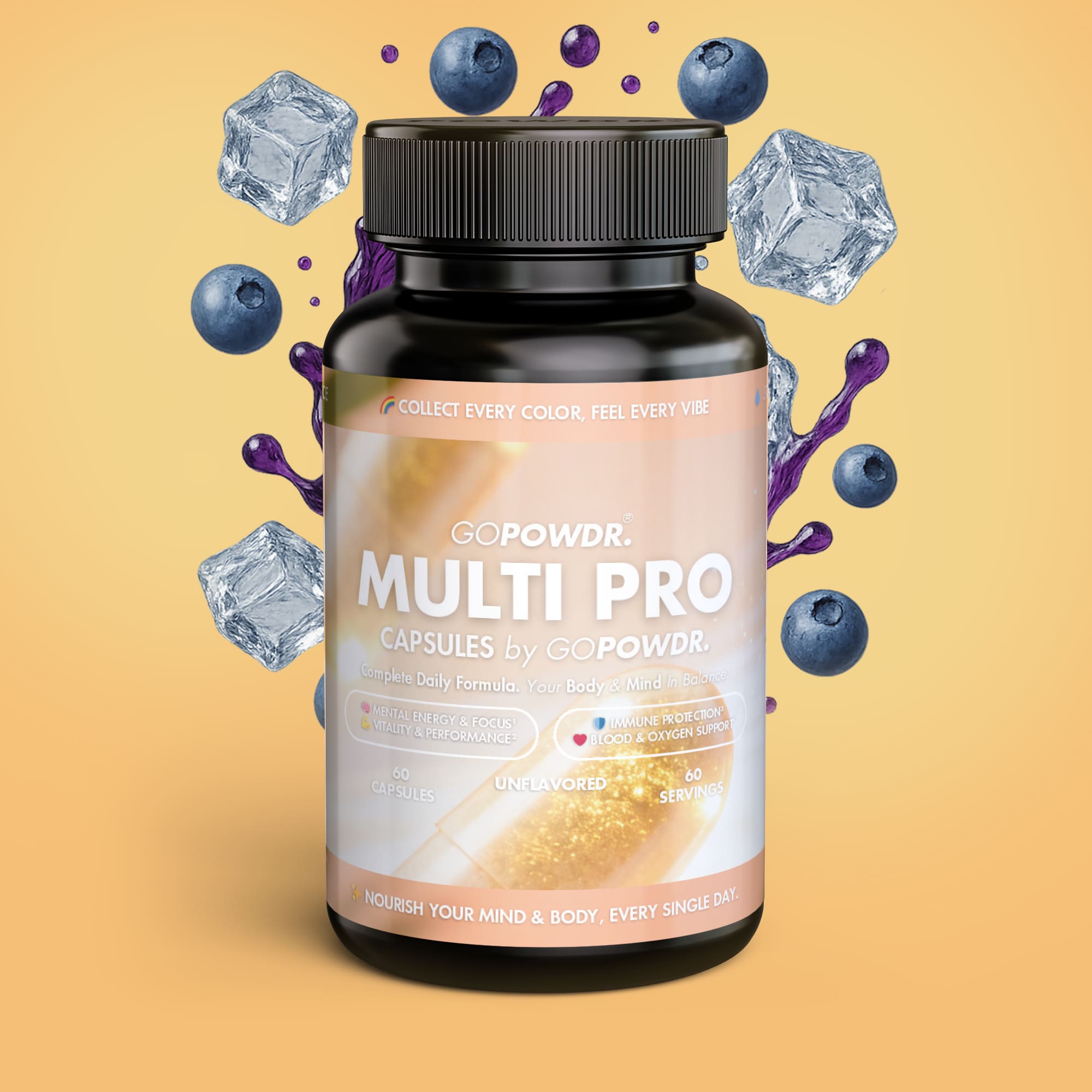 Bottle of COPOWDR Multi Pro capsules with blueberries and ice cubes on a yellow background