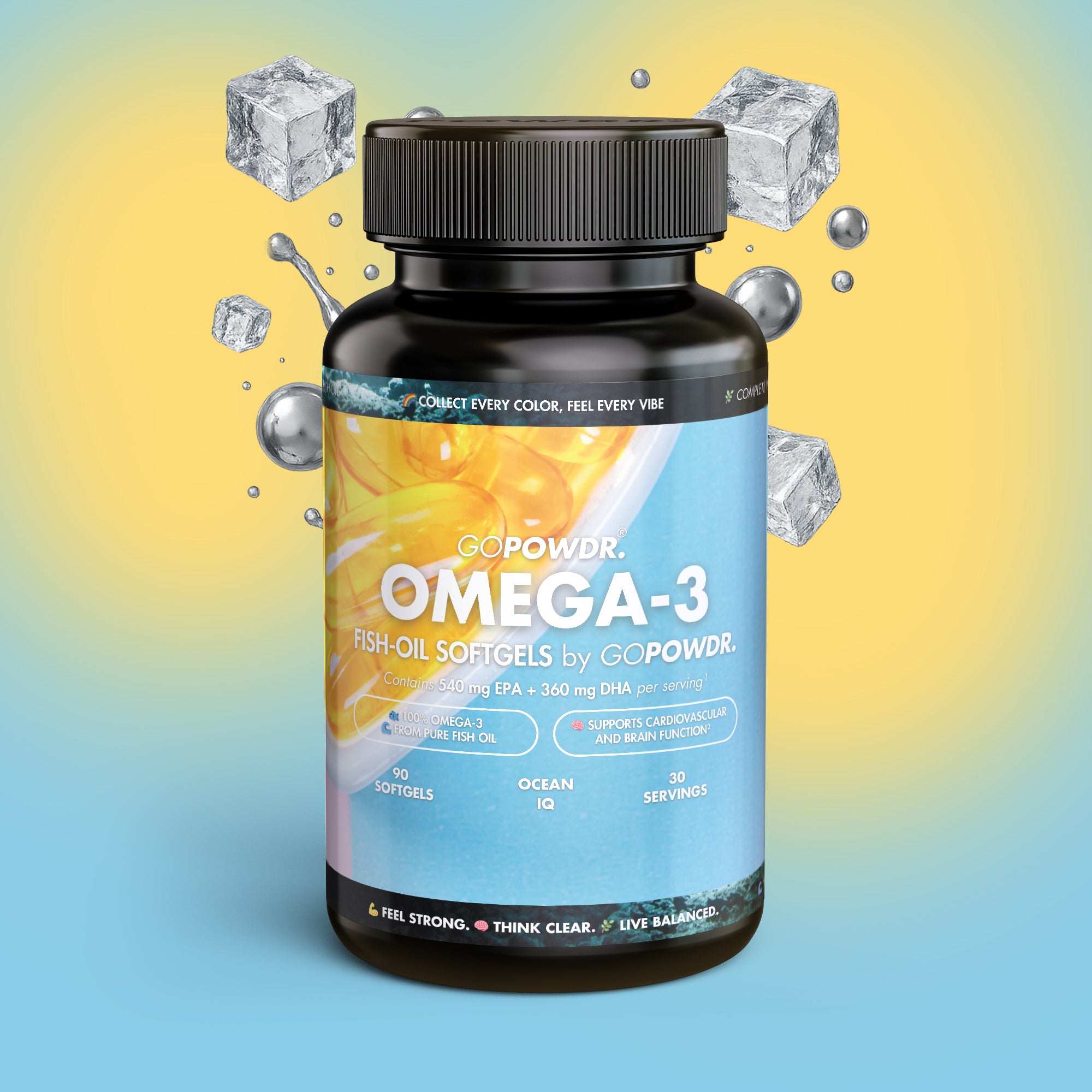 Omega-3 supplement bottle with colorful gradient background