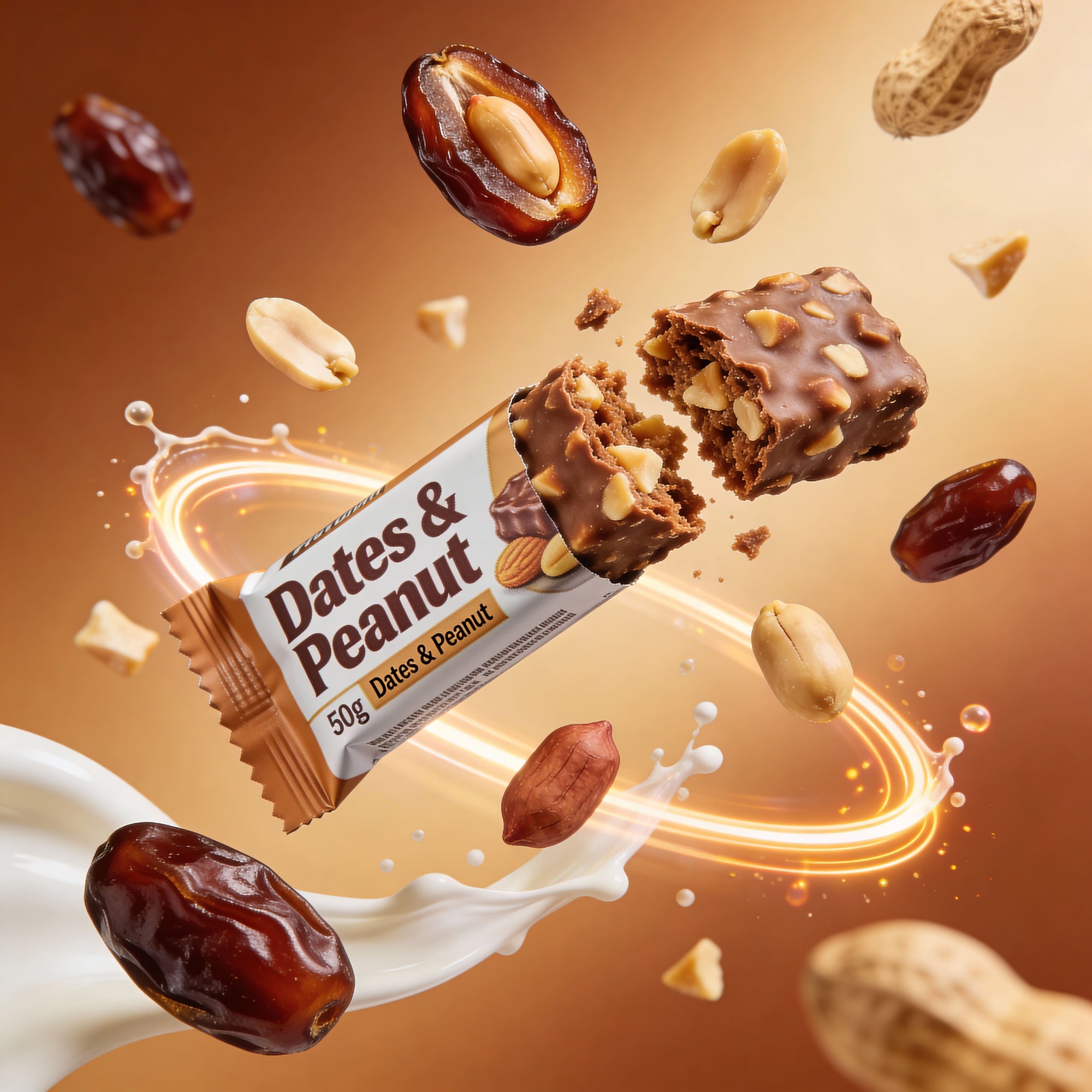 Chocolate bar with dates and peanuts surrounded by flying ingredients on a brown background